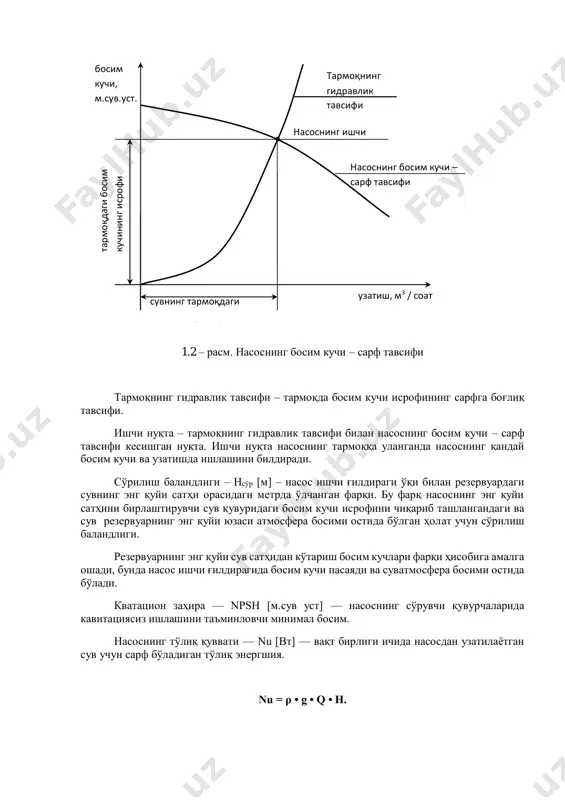 тациясиз ишлашини таъминловчи минимал босим. насоснинг тўлиқ қуввати — nu [вт] — вақт бирлиги ичида насосдан узатилаётган сув учун сарф бўладиган тўлиқ энергшия. nu = ρ • g • q • h. насоснинг ишчи нуқтаси босим кучи, м.сув.уст. та р м о қд аг и б о си м ку чи н и н г и ср о ф и тармоқнинг гидравлик тавсифи насоснинг босим кучи – сарф тавсифи сувнинг тармоқдаги ҳажмий сарфи узатиш, м3 / соат насос ўқидаги қувват — nw [вт] — марказдан қочма насос ўқига бериладиган механик қувват. механик қувват, фойдали қувватга гидравлик исрофлар ва ишчи ғилдиракдаги сирпаниш исрофларининг йиғиндисини қўшилган қийматидан катта бўлади. nw = nu / η насоснинг фик — η [%] — марказдан қочма насоснинг фойдали қувватининг ўқидаги механик қувватига нисбати билан аниқланади. номиналь босим — pn — ҳарорати 20°c бўлган энг катта сиқилган босим остидаги сувни узатишга рухсат этиладиган босим. корхона сув таъминоти …