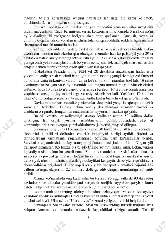 di. bu orqali 50 ming kvadrat metr noturar joylar muomalaga kirishi, 100 ming ish o‘rni yaratilishi mumkin. moliyaviy xizmatlar hajmini 30 foizga oshirish ko‘zda tutilgan. mahalla bankirlari ish boshlab, aholiga yaqinlashtirilgani bunda qo‘shimcha imkoniyat. xususan, odamlar ko‘p murojaat qiladigan kadastr, soliq, adliya ma’lumotlarini banklarning axborot tizimi bilan bog‘lash xizmatlar hajmini oshiradi. bu yildan tumanlarda servisni rivojlantirish bo‘yicha yangicha yondashuv bo‘ladi. bu borada 1 ming 156 ta drayver loyiha mahalliy kengashlarda tasdiqlandi. ularning infratuzilmasiga 1 trillion so‘m yo‘naltiriladi. jumladan, joriy yilda 72 ta sohil bo‘yi dam olish maskanlari, tunu kun ishlaydigan 154 ta turizm va gastronomik ko‘chalar tashkil etiladi. 62 ta istirohat bog‘i zamonaviy qiyofaga keltiriladi. 364 ta yo‘l bo‘yi va boshqa servis ob’ektlari barpo qilinadi. ikki yil oldin savdo va xizmatlar sohasidagi korxonalarga ijtimoiy soliq 1 foiz etib belgilangan edi. o‘tgan davrda korxonalar soni 1,5 karra oshgan. muhimi, ko‘p tadbirkorlar “soya”dan chiqib, oylik maoshni to‘g‘ri ko‘rsatishga o‘tgani natijasida ish haqi …