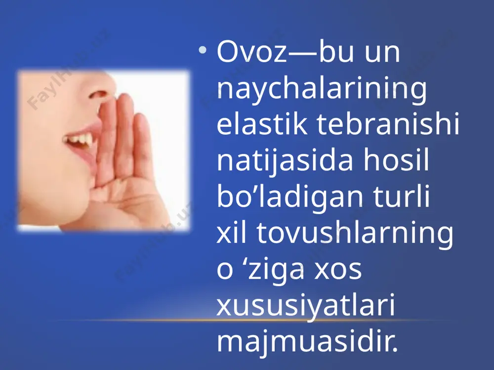 ni ixtiyoriy to’lqinsimon harakati bo’lib, shilliq qavat ovoz boylamlarini qoplab turadi. to’lqinsimon harakat subxorda qismida hosil bo’lib, yuqoriga, oldinga, orqaga tarqaladi, ovoz boylamlarining chetidan o ‘tib yuqorida kekirdak qorinchasiga yaqin joyda yo‘qoladi. ovoz hosil b o’lis hid a qovurg'alar, ko‘krak qafasining pastki kengayuvchi qismi hamda diafragma katta rol o'ynaydi. diafragma nervning kesib tashlanishi natijasida kuylash va so'zlashda bir qancha qiyinchiliklar kuzatiladi, ba’zan ovoz umuman yo‘qolishi mumkin. ovoz apparatining normal ishi nafas olish va chiqarish muskullarining o'zaro moslikda ishlashiga bogiiq. ovoz buzilishlari markaziy periferik organik funksional funksional organik organik ovoz buzilishlari organik ovoz buzilishlari asosan ovoz apparatida anatomik o'zgarishlar yoki surunkali shamollash natijasidapaydo bo'ladi periferik xarakterdagi organik ovoz buzilishlari asosida ovoz apparati kasalliklari: un paychalaridagi tugunchalar, bo‘g ‘iz va un paychalarining papilamatozlari (o'simtalar), bo'g'iz stenozi, jarohatlanishlar, kuyishlar yotadi. surunkali laringit surunkali laringit uchun hiqildoq muskullari tonusining pasayishi xosdir. l.a. zaritskiyning (1984) ta’kidlashicha, bu kasallikda hiqildoq apparatining muskullari doimiy ravishda kuchli giperkinez …
