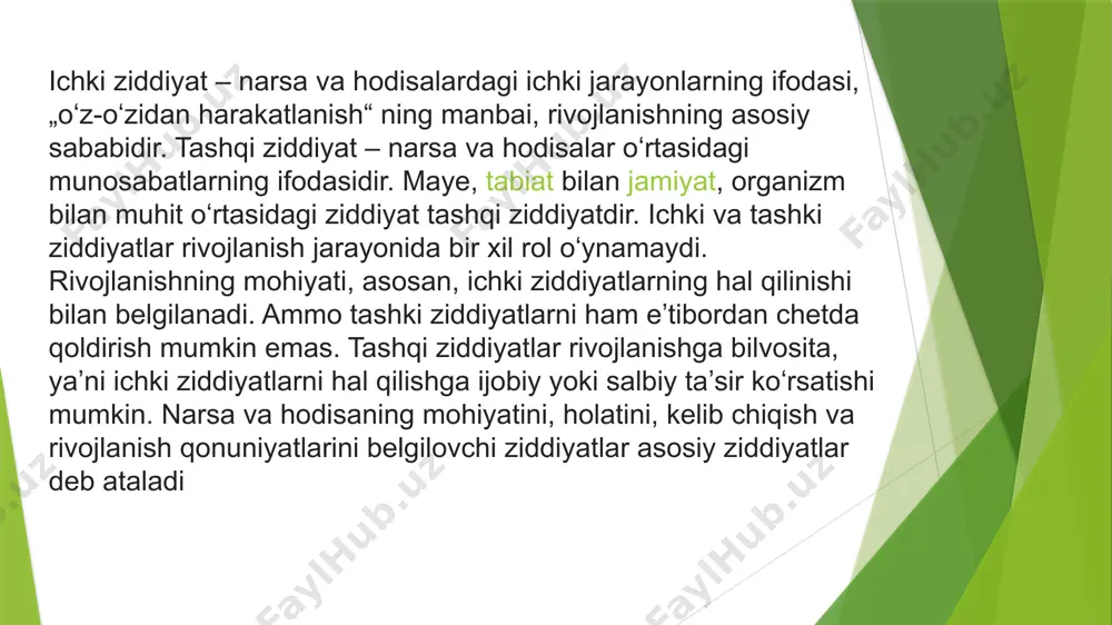 ishga olib keladi. shu bois, qadimgi obidalardan bo‘lgan “i szin” (“o‘zgarishlar kitobi”) da ta’kidlanishicha, yan va in olamdagi rang-baranglik asosida vujudga keladigan birlikni tashkil etuvchi omillar hisoblangan. tabiatdagi yorug‘lik va qorong‘ulik, nur va og‘u, yumshoqlik va qattiqlik, tosh va suv, ayol va erkak, kun va tun, osmon va yer, quyosh va oy, issiq va sovuq, yaxshilik va yomonlik kabi qarama-qarshiliklar muvozanati tabiiy bo‘lib, ularni o‘zaro qarama-qarshi qo‘yish emas, ularni o‘z holicha qabul qilish kerak. tabiatdagi evolyutsion taraqqiyot mana shu tabiatan qarama-qarshi bo‘lgan birliklarning hamkorlikdagi tabiiy harakatidan iboratdir. borliqning evolyutsion o‘zgarishlari inning yanga aylanishi jarayoniga teng keladi. in va yan tabiatning ikki fundamental asosi hisoblanadi. ular borliq – makon va kosmosni tashkil qiladi. ularning o‘zaro munosabatlari borliqdagi barcha o‘zgarishlarning kelib chiqishi uchun xizmat qiladi. ular harakati – borliqdagi garmoniyaning negizidir. aslida, har bir narsa, har bir o‘zgarishda yan va inning o‘zaro qarama-qarshiligi mavjud bo‘ladi. chunki ular ikki qarama-qarshi energiya birligidan iborat …