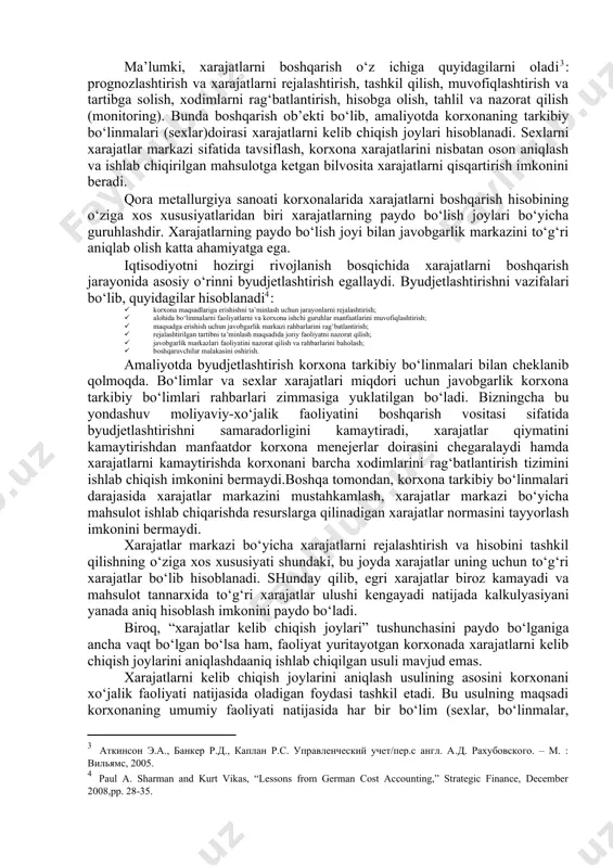 ladigan xarajatlar o‘zbekiston respublikasi vazirlar mahkamasining 1999 vil 5 fevraldagi 54-sonli qarori bilan tasdiqlangan «mahsulotlar (ishlar, xizmatlar)ni ishlab chiqarish va sotish xarajatlarining tarkibi hamda moliyaviy natijalarni shakllantirish tartibi to‘g‘risidagi nizom»ga muvofiq quyidagicha turkumlanadi: 1. mahsulot ishlab chiqarish tannarxini hosil qiluvchi xarajatlar ularning iqtisodiv mazmuniga ko‘ra quyidagi elementlar bo‘yicha ajratiladi: 1. ishlab chiqarishning moddiy xarajatlari; 1. ishlab chiqarish xususiyatiga ega bo‘lgan mehnatga haq to‘lash xarajatlari; 1. ishlab chiqarishga tegishli bo‘lgan ijtimoiy sug‘urtaga ajratmalar; 1. asosiy fondlarning eskirishi; 1. ishlab chiqarish ahamiyatiga ega bo‘lgan boshqa xarajatlar. 1. ishlab chiqarish tannarxiga kiritilmaydigan. biroq asosiy faoliyatdan olingan foydani aniqlashda hisobga olinadigan davr xarajatlarining elementlari: 1. boshqaruv xarajatlari; 1. mahsulotni saqlash va sotish xarajatlari; 1. boshqa operatsion xarajatlar. korxonaning umumxo‘jalik faoliyatidan olingan foydasini aniqlashda hisobga olinadigan moliyaviy faoliyat bo‘yicha xarajatlar: 1. foizlar bo‘yicha to‘lovlar; 1. mol-mulkni uzoq muddatli ijaraga (lizingga) olish to‘lovlari; 1. xorijiy valyuta bilan operatsiya bo‘yicha salbiy kurs tafovutlari; 1. qimmatli qog‘ozlarga qo‘yilgan …