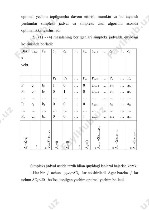uchun (6) bo‘lib, qolgan ustunlar uchun esa (7) bo‘ladi. bu esa optimallik kriteriyidagi vektorning koordinatalaridir. ya’ni so‘nggi satrdagi barcha elementlarning manfiy bo‘lmasligi qaralayotgan bazis rejaning optimalligini anglatadi 2. yechimning chegaralanmaganlik shartini ham, tekshirish mumkin. dastlab yechimning chegaralanmaganlik shartini keltiraylik. deylik x bazis reja uchun yuqoridagidek qilib to‘ldirilgan jadvalning so‘nggi satrida manfiy mavjud bo‘lib, unga mos ustundagi vektorning barcha koordinatalari musbat bo‘lmasin, ya’ni bo‘lsin. bu holda maqsad funksiya rejalar to‘plamida chegaralanmagan tarzda o‘sadi. haqiqatan, (7) ga asosan. yoki bo‘lib, bo‘lganda ixtiyoriy uchun vektor reja bo‘lib qoladi va bo‘lganligidan, da 3. deylik, x bazis reja uchun to‘ldirilgan dastlabki jadvalning so‘nggi satridagi lar orasida manfiylari bor bo‘lib, ularga mos ustunlarda joylashgan -vektorlarning musbat koordinatasi mavjud bo‘lsin. u holda maqsad funksiya qiymatini oshirish imkoniyati paydo bo‘ladi. bu holda simpleks iteratsiyada, larning manfiylari ichidan eng kichigi tanlanar edi. jadvalda esa so‘nggi satrdagi larning manfiylari orasidan eng kichigini tanlaymiz va mos ustunni hal qiluvchi ustun deb …