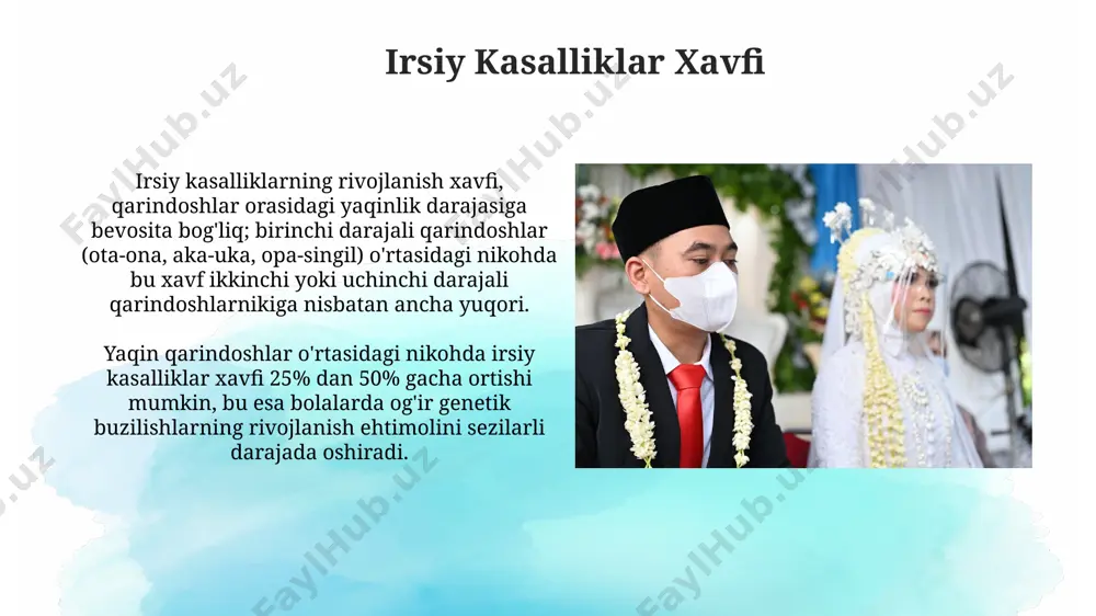 kasalliklar xavfi sezilarli darajada yuqori bo'ladi, masalan, kistoz fibroz yoki orqa miya shikastlanishi kabi kasalliklarga chalinish ehtimoli 25% dan yuqori bo'lishi mumkin. yaqin qarindoshlar o'rtasidagi nikoh natijasida tug'ma nuqsonlar xavfi 2-3 barobar ortadi, bu esa bolalarda jismoniy va aqliy rivojlanishdagi og'ishlar sonini ko'paytiradi. oldini olish choralar yaqin qarindoshlar o'rtasidagi nikoh natijasida tug'ilgan bolalarda irsiy kasalliklar xavfi 25% ga ortadi, bu esa rivojlanishdagi nuqsonlar va sog'liq muammolarining yuqori xavfini anglatadi. o'zbekistonda yaqin qarindoshlar o'rtasidagi nikohlar soni 10% atrofida bo'lib, bu irsiy kasalliklar tarqalishining yuqori ko'rsatkichiga sabab bo'ladi va genofondga salbiy ta'sir ko'rsatadi. immunitet tizimining zaiflashishi genetik jihatdan o'xshash ota-onalardan tug'ilgan bolalarda kamida 20 turdagi genetik kasalliklar rivojlanish xavfi yuqori bo'lib, ular immunitet tizimining og'ir buzilishlariga olib kelishi mumkin. immunitet tizimining funksiyalarida buzilishlar, masalan, t-hujayralar va b-hujayralar sonining kamayishi, yaqin qarindoshlar orasidagi nikohdan tug'ilgan bolalarda 10% dan yuqoriroq kuzatiladi. e'tiboringiz uchun rahmat @taqdimot_robot image2.jpg image3.jpg image4.jpg image5.jpg image6.jpg image7.jpg image8.jpg image9.jpg image10.jpg …