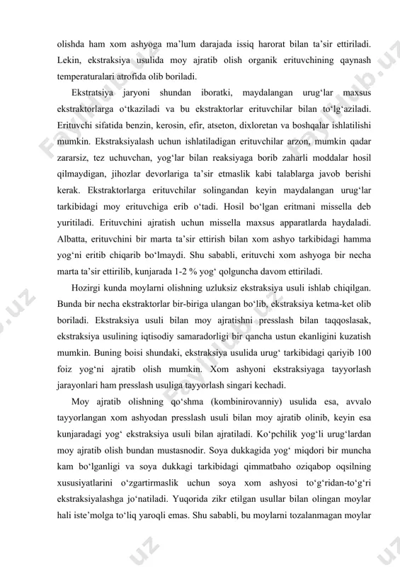 olipidlar, mumlar, uglevodlar, erkin yog‘ kislotalari, rang beruvchi moddalar, yog‘da eruvchi vitaminlar, suv, mineral aralashmalar, oqsillar, uglevodlarni kiritish mumkin. bu begona aralashmalar foydaliligi jihatidan ozuqaviy ahamiyatga ega emas, ba’zan esa zaharli ham bo‘lishi mumkin. bu begona aralashmalar moylarga xom ashyodan to‘g‘ridan-to‘g‘ri o‘tishi yoki moy ishlab chiqarish jarayonida kimyoviy reaksiyalar natijasida ham hosil bo‘lishi mumkin. fiziologik ahamiyatga ega bo‘lgan aralashmalarga yog‘da eruvchi vitaminlar va yuqori darajada to‘yinmagan erkin holdagi yog‘ kislotalarini kiritish mumkin. ba’zi aralashmalar masalan, modda almashinuvida ishtirok etadigan fiziologik ahamiyatga ega bo‘lsada, moylar tarkibidan bularning ko‘proq miqdorda bo‘lishi cho‘kma hosil bo‘lishini keltirib chiqarib, ularning tovarlik xususiyalarini pasaytiradi. moylar tarkibida begona aralashmalarning (suv, oqsil, uglevod) bo‘lishi ularning saqlash muddatlarining kamayishiga ham ta’sir etadi. demak, moylarni tozalaganda begona aralashmalarning fizik-kimyoviy xususiyatlari va fiziologik ahamiyati e’tiborga olinishi zarur. moylarni tozalash mexanizmining borishiga qarab ularni shartli ravishda fizikoviy, fizik-kimyoviy, kimyoviy usullarga ajratish mumkin. fizikoviy usulga moylarni tindirish, filtrlash, markazdan qochma kuch (sentrfigulash) yordamida …