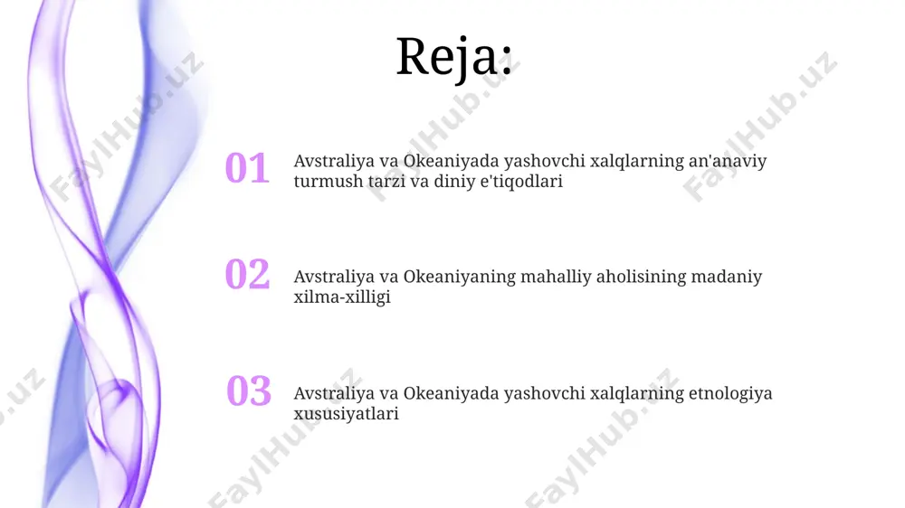 ali qoʻlga kiritganlar. avstraliya aborigenlari: madaniyati va urf-odatlari "avstraloid" irqiy guruhiga mansub bo'lgan aborigenlarning jismoniy xususiyatlari, masalan, qorong'i teri rangi va to'lqinsimon sochlari, ularning uzoq muddatli tabiiy muhitga moslashuvi natijasidir. ularning an'anaviy turmush tarziga ovchilik, yig'uvchilik va murakkab ijtimoiy tuzilmalar, shu jumladan, "totemizm" kabi qabilalararo munosabatlar tizimi kiradi. avstraliya aborigenlarining 60 000 yildan ortiq davom etgan boy tarixiy-madaniy merosini aks ettiruvchi 250 dan ortiq turli xil til va dialektlari mavjud. polineziya xalqlari: tarixi va an'analari polineziya madaniyatida, ramziy ma'noga ega bo'lgan "mana" – keng tarqalgan ijtimoiy tuzum bo'lib, ularning ijtimoiy ierarxiyasi va qarindoshlik munosabatlarini ifodalaydi. polineziya xalqlarining 1000 yildan ortiq davom etgan dengiz savdosi va navigatsiya an'analari, ularning 2000 dan ortiq orollar bo'ylab tarqalishiga sabab bo'lgan murakkab navigatsiya tizimlariga asoslangan edi. taxminan 30 ga yaqin turli polineziya tillari mavjud bo'lib, ularning aksariyati proto-polineziya tilidan kelib chiqqan va o'zaro tushunish darajasi 60% atrofida. mikroneziya xalqlari: madaniy xilma-xilligi mikroneziya madaniyatida qoʻllaniladigan anʼanaviy …