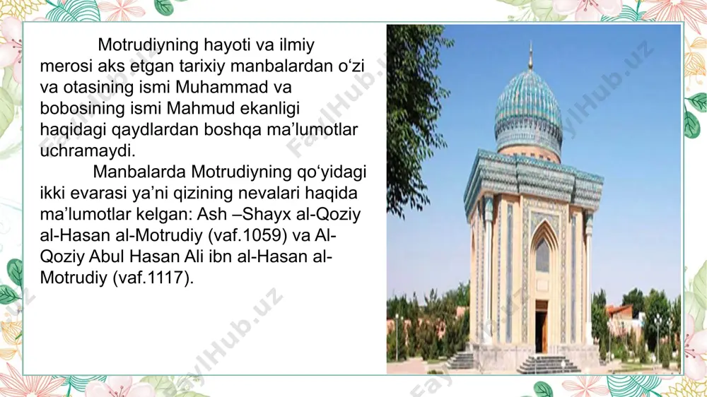 alarda imom motrudiyning ustozlari abu bakr ahmad al-juzjoniy, abu nasr ahmad al-iyoziy, nasr ibn yahyo al-balxiy va muhammad ibn fazl kabi zukko allomalardan islom ilohiyotining sir asrorlarini o‘rganganligi haqida ma’lumotlar beradi. abu toxir xoja (vaf.1874) ning xabariga ko‘ra, imom motrudiy ali arrastug‘fani ishoq ibn muhammad ass samarqandiy, abd al-karim ibn muso al pazdaviy kabi shogirdlarni voyaga etkazgan. motrudiy o‘z mulohazalarida islom diniga soya soladigan g‘oyalarni sinchkovlik bilan tekshirib o‘rgangan va o‘z qarashlariga maqbul bo‘ladigan g‘oyalarni qabul qilgan va shunga da’vat etgan. motrudiy fikricha, bilim ikki xil ko‘rinishda namoyon bo‘ladi. birinchisi-allohning bilimi (al –ilm billoh) uning ilmi mutlaq haqiqatdir. ikkinchi ko‘rinishi esa alloh to‘g‘risidagi bilim u (ilm olloh deb yuritilgan). motrudiy nazarida alloh olam va insonni bilish bir-biriga tutash nuqtalarga ega. ular aql, hissiy mushohada va xabarlar orqali bilinadi. xabarlar oddiy, birinchi shaxslardan bevosita etib kelgan xabar (mutavotir xabar) va payg‘ambar tomonidan etkazilgan xabar ko‘rinishlariga egadir. bunda ilohiy vahiy, payg‘ambardan etib …