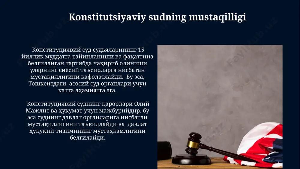, 5 dan ortiq jinoyat ishlariga ta'sir ko'rsatib, adolatli sud jarayonini ta'minlashda muhim rol o'ynadi. konstitutsiyaviy sudga murojaat qilish tartibi konstitutsiyaviy sudga murojaat qilish uchun ariza toshkent shahridagi konstitutsiyaviy sudga 3 nusxada topshiriladi va unda kamida 5 ta huquqbuzarlik faktlari keltirilishi shart. ariza berish muddati qonun buzilgan kundan boshlab 3 oy ichida amalga oshiriladi, biroq ayrim holatlarda, masalan, andijon viloyati bo'yicha 6 oygacha uzaytirilishi mumkin. konstitutsiyaviy sudning tarixi 2002-yilda konstitutsiyaviy sudning vakolatlari kengaytirildi va u o'zbekiston huquqiy tizimida asosiy rol o'ynaydigan muhim organ sifatida mustahkamlandi. konstitutsiyaviy sud 1995-yil 26-aprelda o'zbekiston respublikasining konstitutsiyasi qabul qilinganidan keyin tashkil etilgan va mamlakatning mustaqilligini mustahkamlashda muhim rol o'ynagan. konstitutsiyaviy sudning vazifalari konstitutsiyaviy sudning qarorlari, 20 dan ortiq moddalarni o‘z ichiga olgan qonun hujjatlariga nisbatan 10 kundan kechiktirmay e’lon qilinadi va majburiy hisoblanadi. konstitutsiyaviy sud, o‘zbekiston respublikasining 1992-yildagi konstitutsiyasiga muvofiq, 15 nafar sudyadan iborat bo‘lib, qonunlarning konstitutsiyaga muvofiqligini tekshiradi. e'tiboringiz uchun rahmat @taqdimot_robot image5.jpg image6.jpg …