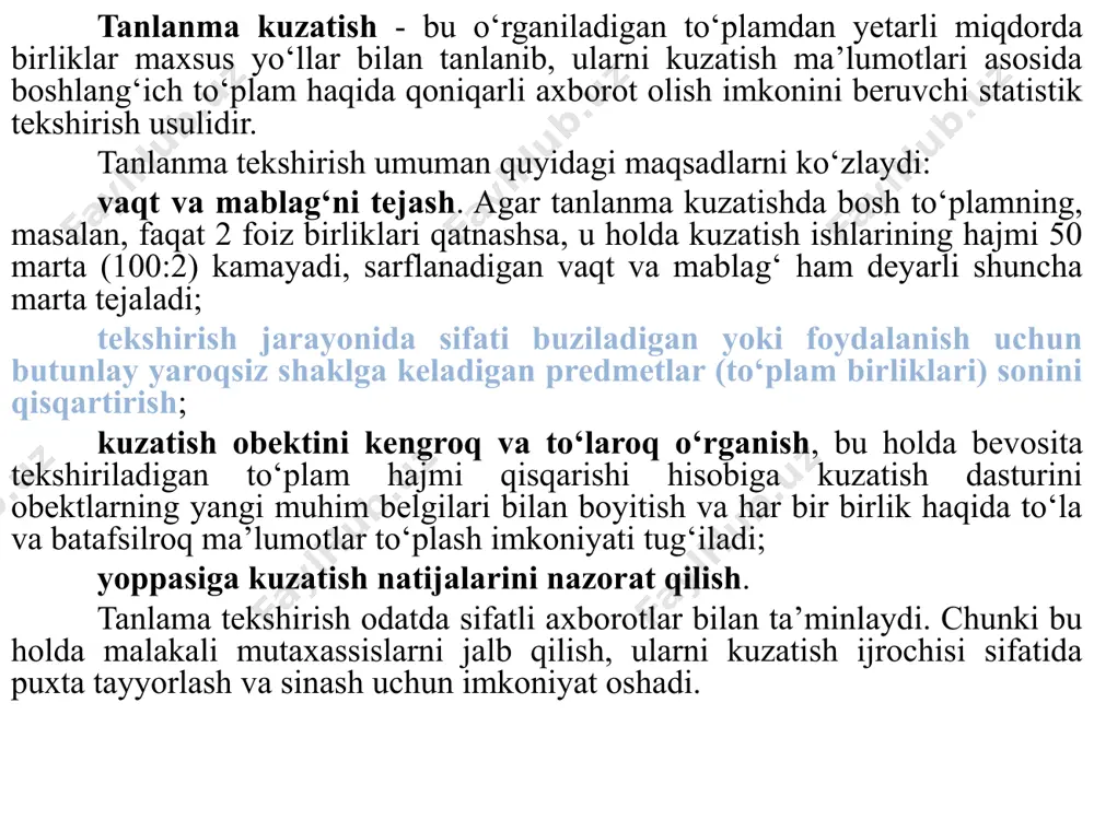 oduction in sub saharan africa not keeping up with population yalpi jamlanma va tanlanma yalpi jamlanma (population) – tadqiqotchini qiziqtiruvchi o’rganilayotgan ob`ektlarning barchasi. tanlanma (sample) – yalpi jamlanma xossalari xususida xulosa chiqarish maqsadida o’rganilayotgan va maxsus usulda saralanib tashkil qilinayotgan yalpi jamlanmaning uncha katta bo’lmagan qismi. yalpi jamlanma va tanlanma 150 ming nafar odam 250 nafar uylanmagan erkaklar ulushi qancha? uylanmagan erkaklar ulushi qancha? yalpi jamlanma tanlanma statistika amaliyotida shunday to‘plamlar tez-tez uchrab turadiki, ularning barcha birliklarini o‘rganish imkoniyati bo‘lmaydi. bunday to‘plamlar jamiyat hayotida, turmushimizda ham, tabiyatda ham keng tarqalgan. masalan, mamlakatda don, paxta va boshqa ekinlari qanchalik qishloq xo‘jaligi zararkunandalari bilan shikastlangani yoki qancha qoramol va boshqa hayvonlar quturish kasalligiga chalinganini bilmoqchi bo‘lsak, barcha ekinlar maydoni va hosilini, mollar tuyog‘ini tekshirib chiqa olmaymiz, chunki bu juda mashaqqatli ish bo‘lib, ko‘p vaqt va kuch talab qiladi. ma’lumki, bozor iqtisodiyoti xususiy mulkchilikka, ko‘p ukladli ho‘jalikka tayanadi. bunday sharoitda muhim iqtisodiy hodisa …