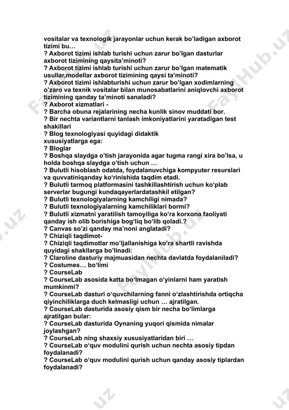 ishlab turishi uchun kerak bo’ladigan texnik vositalar va texnologik jarayonlar uchun kerak bo’ladigan axborot tizimi bu… ? axborot tizimi ishlab turishi uchun zarur bo’lgan dasturlar axborot tizimining qaysita’minoti? ? axborot tizimi ishlab turishi uchun zarur bo’lgan matematik usullar,modellar axborot tizimining qaysi ta’minoti? ? axborot tizimi ishlabturishi uchun zarur bo’lgan xodimlarning o’zaro va texnik vositalar bilan munosabatlarini aniqlovchi axborot tizimining qanday ta’minoti sanaladi? ? axborot xizmatlari - ? barcha obuna rejalarining necha kunlik sinov muddati bor. ? bir nechta variantlarni tanlash imkoniyatlarini yaratadigan test shakillari ? blog texnologiyasi quyidagi didaktik xususiyatlarga ega: ? bloglar ? boshqa slaydga o’tish jarayonida agar tugma rangi xira bo’lsa, u holda boshqa slaydga o’tish uchun … ? bulutli hisoblash odatda, foydalanuvchiga kompyuter resurslari va quvvatiniqanday ko‘rinishida taqdim etadi. ? bulutli tarmoq platformasini tashkillashtirish uchun ko‘plab serverlar bugungi kundaqayerlardatashkil etilgan? ? bulutli texnologiyalarning kamchiligi nimada? ? bulutli texnologiyalarning kamchiliklari bormi? ? bulutli xizmatni yaratilish tamoyiliga ko‘ra korxona …