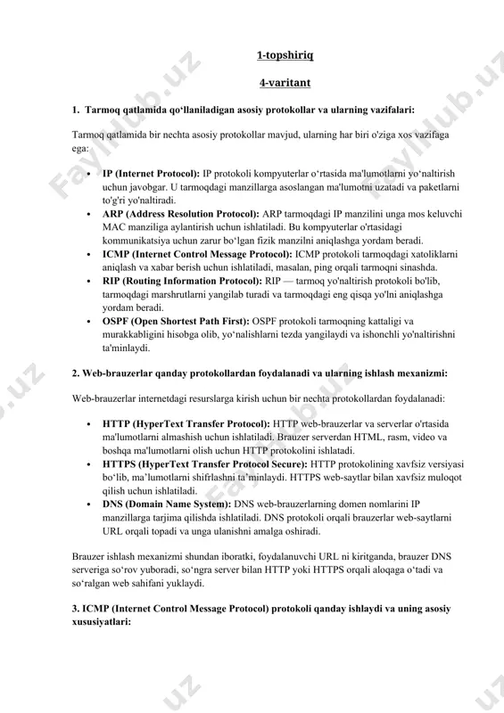 amalga oshirmaydi, faqat xatoliklar va diagnostika xabarlarini yuboradi. · icmp tarmoqda bog'lanishlarni tekshirish, tarmoqdagi nuqsonlarni aniqlash uchun ishlatiladi. 4. voip (voice over ip) protokollarining ishlash tamoyillari: voip — internet protokoli orqali ovozli aloqani amalga oshirish uchun ishlatiladi. voip texnologiyasi ovozli ma'lumotlarni paketlar shaklida internet orqali uzatadi. voip protokollari quyidagi tamoyillarga asoslanadi: · rtp (real-time protocol): rtp ovoz va video ma'lumotlarini real vaqt rejimida uzatish uchun ishlatiladi. bu protokol paketlar orqali ovozli ma'lumotlarni uzatishda ma'lumotlarning ketma-ketligini saqlash va vaqtni sinxronlashtirishni ta’minlaydi. · sip (session initiation protocol): sip protokoli voip aloqalarini boshlash, boshqarish va yakunlash uchun ishlatiladi. sip yordamida qo‘ng‘iroqlarni tashkil etish, sesiyani boshqarish va boshqa xizmatlar ko‘rsatiladi. · h.323: h.323 protokoli video va audio kommunikatsiya uchun ishlatiladi. bu protokol voip tizimlarida qo‘llaniladigan an'anaviy protokollardan biridir. voip ishlash tamoyili: · ovozli ma'lumotlar analog signal sifatida olinganidan keyin raqamli formatga o‘zgartiriladi (kodek orqali). · rtp protokoli orqali ovozli ma'lumotlar paketlarga bo‘linadi va internet …