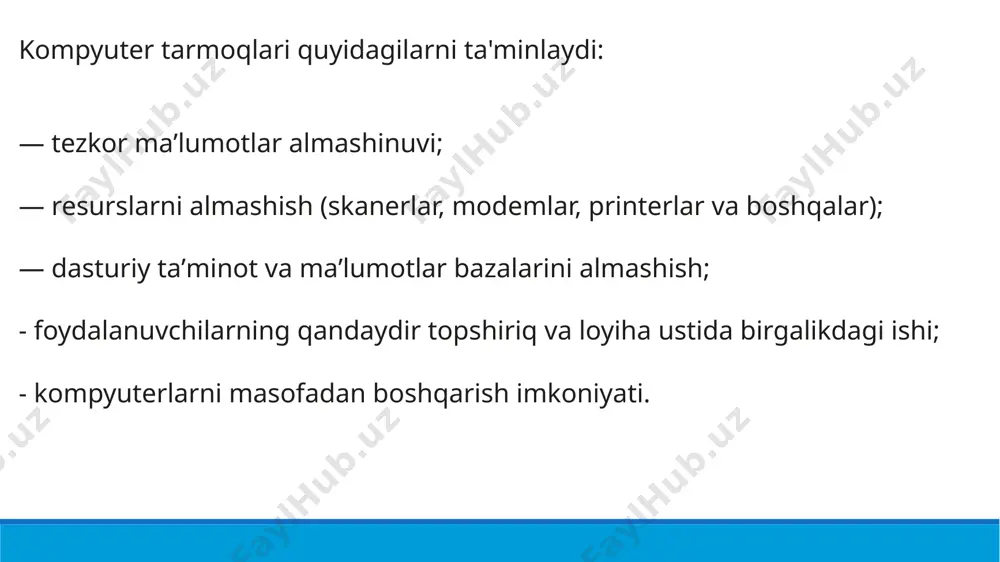 oqlarning kichik o'lchamlari ularni qurish uchun juda qimmat va yuqori sifatli texnologiyalardan foydalanishga imkon beradi, bu esa kompyuterlar o'rtasida axborot almashinuvining yuqori tezligini ta'minlaydi. 2. global tarmoqlar ( wan - wide area network - mavjud tarmoqlarning kommutatsiyalangan yoki ajratilgan kanallari asosida qurilgan yoki gan - global area network - sun'iy yo'ldosh va yer usti aloqa liniyalaridan foydalanish asosida qurilgan). global tarmoqlarga alohida kompyuterlar va bir-biridan sezilarli masofada (yuzlab va minglab kilometrlar) joylashgan mahalliy tarmoqlarni birlashtirish uchun mo'ljallangan tarmoqlar kiradi. ixtisoslashgan yuqori sifatli shaharlararo aloqa kanallarini tashkil qilish ancha qimmat bo'lganligi sababli, global tarmoqlar ko'pincha kompyuter tarmoqlarini qurish uchun mo'ljallanmagan mavjud liniyalardan foydalanadi (masalan, telefon yoki telegraf). shu munosabat bilan bunday tarmoqlarda ma'lumotlarni uzatish tezligi mahalliy tarmoqlarga qaraganda ancha past. tarmoqlari (wan) - bu alohida kompyuterlar va bir-biridan sezilarli masofada (yuzlab va minglab kilometrlar) joylashgan mahalliy tarmoqlarni ulash uchun mo'ljallangan tarmoqlar. ixtisoslashgan yuqori sifatli shaharlararo aloqa kanallarini tashkil qilish ancha qimmat …