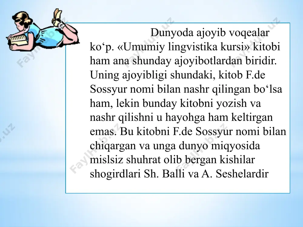 foydalangan holda tilshunoslikning o‘rganish obyekti nutqiy faoliyat bo'lishi lozim, degan xulosaga keladi. a.a.xolodovichning ko‘rsatishicha, sossyurning asosiy tayanch nuqtasi semiologiya deb nomlanuvchi alohida ijtimoiy fanning bo'lishi, uning o‘rganish obyekti jamiyat tomonidan foydalanilayotgan belgilarning umumiy nazariyasi bo‘lishi lozimligini ko‘rsatishdir. sossyur lingvistikani «alohida turdagi belgilar haqidagi fan» deb hisoblaydi va uni semiologiyaning muhim tarmog‘i sifatida e’tirof etadi. til eng murakkab va eng keng tarqalgan semiologik sistema ekanligini ta'kidlaydi. nutqiy faoliyat f.de sossyur nutqiy faoliyat (languege) ning individuallik va sotsiallik belgilarini o'zida mujassam etgan butunlik ekanligi va uning til (langue) — nutq (parole) munosabati birligidan tashkil topishini ta'kidlaydi. u nutqiy faoliyatni quyidagicha ifodalaydi: nutqiy faoliyat (languege) til (langue) nutq (parole) sinxroniya diaxroniya sossyurning fikricha, nutqiy faoliyatning ikki tomoni mavjud: individual va sotsial. ularni bir-birisiz tasavvur qilish mumkin emas. «til» nima degan savolga javob berar ekan, u «til» tushunchasiga «nutqiy faoliyat» tushunchasi teng kelmasligi, «til» «nutqiy faoliyat»ning bir qismi, lekin eng muhim qismi ekanligini, u …