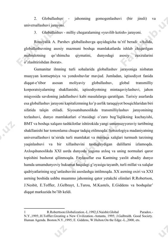 larni izlamoqda. axloqshunoslikda xxi asrda dunyoda yagona axloq va uning normalari qaror topishini bashorat qilinmoqda. faylasuflar esa kantning yaxlit abadiy dunyo hamda umumdunyoviy hukumat haqidagi g’oyasiga tayanib, turli millat va xalqlar qadriyatlarining uyg’unlashuvini asoslashga intilmoqda. xx asrning oxiri va xxi asrning boshida ushbu muammo jahonning qator yetakchi olimlari r.robertson, j.nesbit, e.toffler, j.gelbrayt, l.turou, m.kastels, e.giddens va boshqalar[footnoteref:1] diqqat markazida bo’lib keldi. [1: r.roberttson.globalization.-l.1992;j.naisbit.global paradox.-n.y.,1995;.h.toffler.greating a new civilization.-antanta, 1995; j.galbraith. good society. human agenda. boston.n.y.,1995; e. giddens, w.hulton.on the edge.-l.,2000, ets. ] globallashuv jarayonining eng umumiy jihatlari sifatida quyidagilarni kiritish mumkin: 1. xx asr ikkinchi yarmiga xos asosiy texnologiya - yadro qurolini ishlab chiqarish bo’lgan bo’lsa, global davr texnologiyalari sifatida kosmik yo’ldosh, komyuter, uyali telefon, internet kabi aloqa vositalari maydonga keldi. 2.insoniyatning globallashuv davriga qadam qo’ygani liberal-demokratik qadriyatlar g’alabasini anglatadi. ammo ushbu qadriyatlar jahonning ko’pgina mamlakatlarida haqiqiy demokratik g’oya hamda tamoyillardan farqli shaklshamoyil va mohiyat kasb etib bormoqda. 3.globallashuv jarayonining oldingi …
