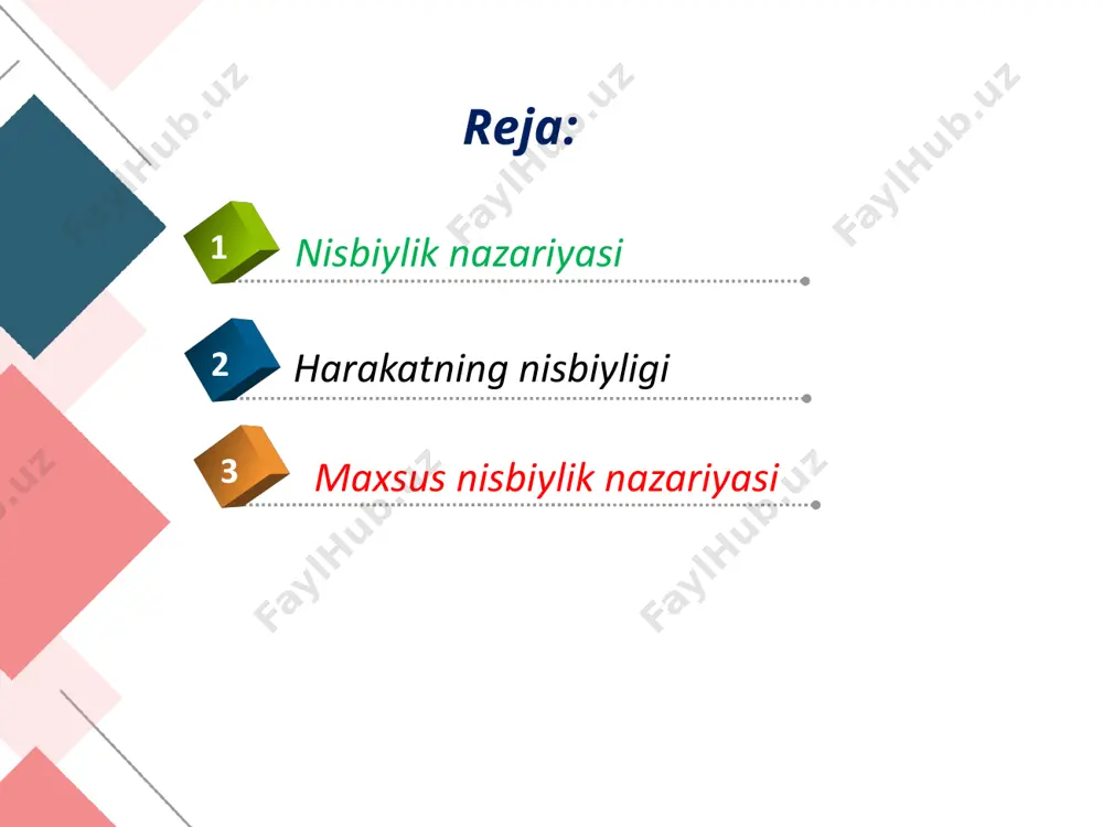 bog’laylik eynshteyn fizika uchun muhim bo’lgan ikkita pastulotni bayon qildi: 1. barcha inertsial sanoq sistemalarda tabiat qonunlari bir xildir. bu pastulot maxsus nisbiylik printsipi deyiladi. 2. barcha inertsial sanoq sistemalarida yorug’likning vakuumdagi tezligi bir xil bo’lib, u yorug’lik manbaining xarakat tezligiga bog’liq emas. bu pastulot yorug’lik tezligining doimiylik printsipidir. maxsus nisbiylik nazariyasi maxsus nisbiylik prinitsipi va yorug’lik tezligining doimiylik printsipiga asoslangan ta’limot maxsus nisbiylik nazariyasi deyiladi. bu nazariyaga asosan, bir sanoq sistemada bir vaqtda sodir bo’ladigan voqealar, boshqa sistemalarda ayni bir vaqtda ro’y bermaydi. maxsus nisbiylik nazariyasi 1905 yilda a. eynshteyn (1879- 1955) tomonidan yaratildi. bu nazariya faqat inertsial sanoq sistemalarida ya’ni birbiriga nisbatan togri chiziqli tekis xarakatlanayotgan sanoq sistemalarda yuz beradigan tabiat xodisalarini organadi. shuning uchun xam bu nazariyaga maxsus nisbiylik nazariyasi deyiladi. mexanika qonuni nuqtai nazaridan jism har qanday, xatto yorug’lik tezligidan katta tezlik bilan xarakatlanishi mumkin. aslida bunday bo’lishi mumkin emas. tajribalar yorug’likning vakumdagi tezligi absolyutdir, bu …
