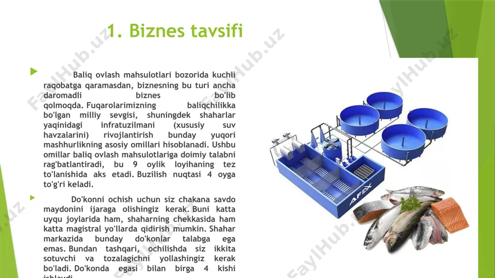 ik bo'lishiga qaramay, bizning mamlakatimizda ko'plab erkaklar do'stlari bilan bo'sh vaqtlarini daryo yoki ko'l bo'yidagi baliq ovida o'tkazishni afzal ko'rishadi. ba'zilar uchun bu haftalik marosim. mahsulotlarga talab doimiy bo'lishi uchun sodiqlik dasturini amalga oshirish kerak bo'ladi. doimiy mijozlarga doimiy chegirma kartalari, masalan, 5% yoki 10% miqdorida yangi mijozlar uchun bir martalik chegirma kuponlari taklif qilinishi mumkin. 4. marketing yondashuvini yondashuvini ishlab chiqing do'kon mahsulotlarini muvaffaqiyatli targ'ib qilish uchun siz yaxshi reklama kampaniyasini yaratishingiz kerak. u reklama kanallari va savdo kanallarini o'z ichiga oladi. savdo kanallari quyidagilarni o'z ichiga oladi: do'konlar savdosi onlayn savdo hamkorlikdagi savdo ushbu kanallarni muvaffaqiyatli rivojlantirish uchun quyidagi reklama usullaridan foydalanish kerak: ijtimoiy (maqsadli) tarmoqlarda va reklama platformalari orqali reklama (kontekstual) o'z saytingizni reklama qilish ko'chada varaqalarni tarqatish va bonusli kuponlar xususiy sayyohlik lageri va xususiy baliq ovi bilan o'zaro munosabatlar ushbu kanallar keng auditoriyani qamrab oladi va mahsulotlar bozorini sezilarli darajada kengaytiradi. biznes aniq mavsumiylikka ega, …