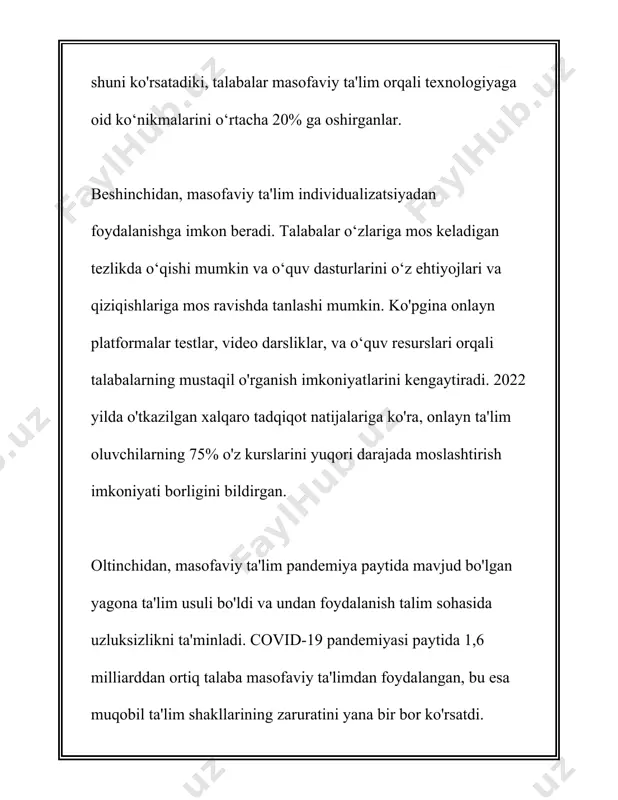 arish uchun ko'plab omillarni hisobga olish kerak. birinchidan, ta'lim jarayonini rejalashtirishda aniq maqsadlar va natijalar belgilanishi kerak. jahon banki ma'lumotlariga ko'ra, samarali ta'lim platformalari aniq va o'lchanadigan ta'lim maqsadlari bilan ishlaydi. bu maqsadlar uddalash mumkin bo'lgan vazifalarga aylantirilishi lozim. masalan, 2020-yilda amerikadagi ta'lim muassasalarining 77% qismi ta'limni onlayn formatga o'tkazishda qiyinchiliklarga duch kelgan, shuning uchun aniq rejalar ishlab chiqish zaruratli hisoblanadi. ikkinchidan, texnik infratuzilmani rivojlantirish muhimdir. unesco ma'lumotlariga ko'ra, jahon bo'ylab 1,5 milliarddan ortiq o'quvchi pandemiya davrida maktablar yopilganda onlayn ta'limga o'tishiga to'g'ri keldi. bu jarayonda internetga ulangan kompyuterlar, planshetlar va smartfonlar kabi qurilmalarga egalik darajasi muhim ahamiyat kasb etadi. 2021-yilda o'zbekistonda aholining 71% internetga ulanish imkoniyatiga ega bo'lgan, lekin bu natijalar hamon takomillashtirilishi kerak. uchinchidan, o'qituvchilarni onlayn ta'lim uchun tayyorlash zaruratlidir. ta'lim jarayonlari uchun kerakli ko'nikmalarga ega bo'lish o'qituvchilar samaradorligini oshiradi. masalan, 2021-yilgi so'rovnoma natijalariga ko'ra, o'zbekistonda o'qituvchilarning faqat 35% qismi onlayn ta'lim uchun yetarlicha tayyorlandi, boshqa davlatlardagi ko'rsatkichlar …