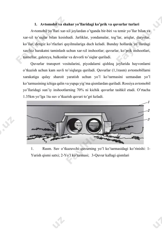 g og’irligini tayanchlarga uzatadi. tayanchlar qabul qilgan vaqtinchalik va doimiy yuklarni poydevorlar orqali zaminga uzatadi. ko’prikli inshootlarning turlari; ko’prik (2a- rasm), yo’l o’tkazgich (2b-rasm), viaduk (2vrasm), akveduk va estakada (2g- rasm). ko’prik bu avtomobil yo’lining suvli to’siq ustidan o’tuvchi muhandislik inshooti. yo’l o’tkazgich-yo’llarni xar-xil satxlarda kesishuvida quriladigan ko’prikli inshoot. viaduk - o’tish sathi to’siq tubidan baland joylashadigan chuqur jar, dara, quruq soy, jarlik ustidan o’tadigan ko’prik inshooti. viadukning xarakterli tomoni tayanchlarning balandligida (10-100m). akveduk-(nov) - suv o’tkazgich (kanal yoki quvur o’tkazgich) ning bir qismi hisoblanadigan daryo, quruq transport yo’li va boshqalar ustidan o’tadigan ko’prik inshooti estakada- ko’tarma o’rnida, shuningdek estakada osti bo’shlig’ida turli maqsadlar uchun foydalanish zururiyati bo’lganda quriladigan, ko’p oraliqli ko’prik inshooti yoki uning bir bo’lagi. shuningdek estakadalarni yo’lning ko’tarmasi o’rnida, daryo vodiylarga, botqoqliklarga, ko’priklarni va yo’l o’tkazgichlarni ulanish joylarga quriladi. shaharlarda avtomagistral yo’llarni shahar qurilishlari ustidan olib o’tish, soxillarni kengaytirish va shahar sharoitlarida daryo qirg’oqlarida xarakatni tashkil etish …