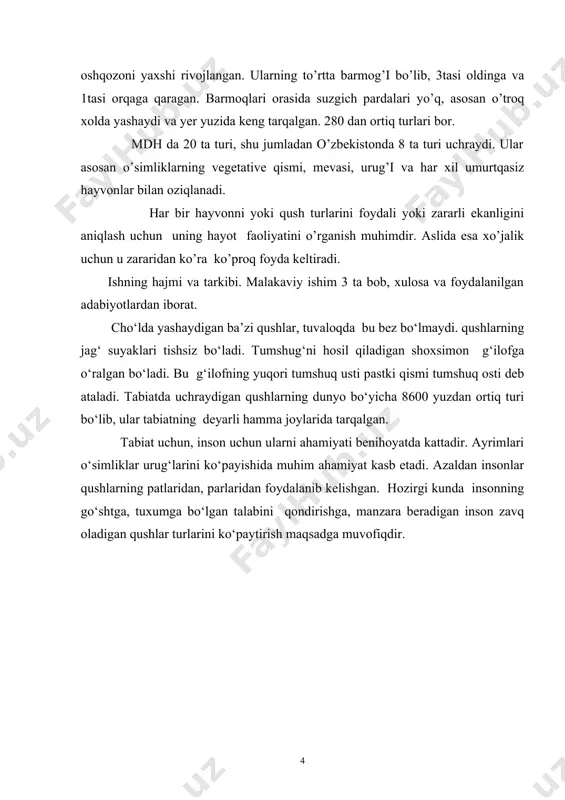 raydi. patlar repteliya ajdodlari tangachalaridan saqlanib qolgan. qushlarda ter bezlari deyarli bo’lmaydi. ba'zi qushlarda faqat patlar uchun moy ishlab chiqaradigan dumg’aza bezi bor, xolos. mana shu bezdan ishlanib chiqadigan moy tufayli patlar suv bilan ho’llanmaydi; bu narsa suv parrandalari uchun ayniqsa katta ahamiyatga ega. suv parrandalarida xususan ko’p moy chiqib turadi. qushlar yog’ sekretini tumshug’i bilan ezib chiqaradi va uni o’zining hamma patlariga surtadi. to’rt kamerali yuragi borligi qushlar sinfining progressiv xususiyatlari jumlasiga kiradi, yuragining o’ng yarmi bilan chap yarmi o’rtasida to’sig’i bor. qushlarning nerv sistemasi bilan sezgi organlari yuksak darajada rivojlangan. muvozanatni boshqarib boradigan miya bo’limi-miyacha juda katta bo’lib ketgan. ko’ruv organi ayniqsa yaxshi rivojlangan: ko’pchilik qushlar juda uzoqdan ko’radi, ularning ko’rgan narsalarini xotirada olib qolish layoqati va fazoda mo’ljal olish xususiyati zo’r. qushlarning katta-kichikligi juda har xil. eng mayda qushlar kolibrilardir. ularning ba'zilari 2 g keladi, ya'ni tukli aridan sal kattaroq bo’ladi; uyasi yarimta yong’oq kattaligicha keladi: ular …