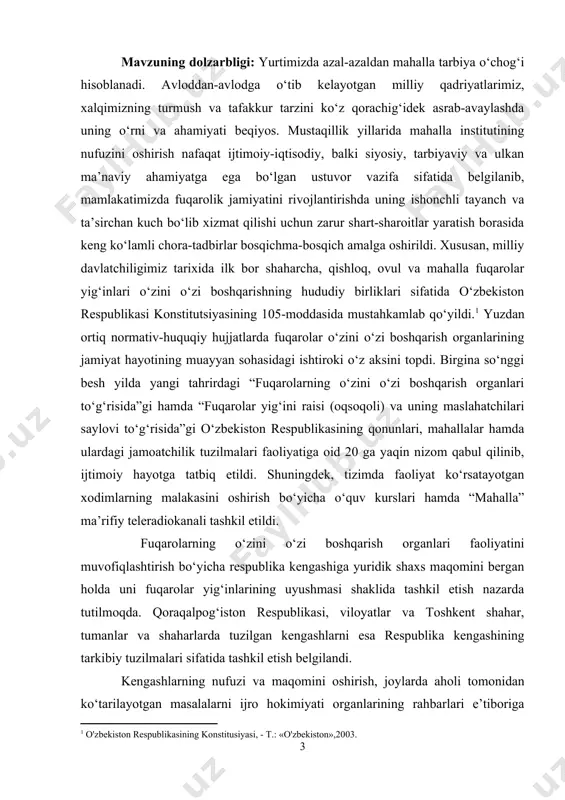 -iqtisodiy dasturlarni moliyalashtirish bo‘yicha ishlarning samaradorligini oshirish maqsadida respublika kengashi va hududiy kengashlar raislarining birinchi o‘rinbosarlari bir vaqtning o‘zida “mahalla” fondining tegishincha respublika boshqaruvi hamda hududiy bo‘lim va bo‘linmalariga raislik qilishlari haqidagi tashabbus qo‘llab-quvvatlandi. shuningdek, farmonda yoshlarni ona vatanga muhabbat, xalqimizning ko‘p asrlik an’analariga hurmat ruhida tarbiyalash, mahallalarda tinchlik va osoyishtalikni ta’minlash, keksa avlod vakillarining ijtimoiy faolligini qo‘llab-quvvatlash borasida joylarda amalga oshirilayotgan chora-tadbirlarning samaradorligini yanada oshirish maqsadida respublika kengashida tashkiliy ishlar va uslubiy masalalar bo‘yicha rais o‘rinbosari, shuningdek respublika kengashi hamda hududiy kengashlarda yoshlar ishlari, diniy-ma’rifiy masalalar, keksalar va faxriylar ishlari bo‘yicha rais o‘rinbosarlari lavozimlarini, fuqarolarning o‘zini o‘zi boshqarish organlarida esa jamoatchilik asosida faoliyat yuritadigan mahalla fuqarolar yig‘ini raisining o‘rinbosari – yoshlar masalalari bo‘yicha maslahatchi lavozimini joriy etish nazarda tutildi.[footnoteref:2] [2: fuqarolarning o‘zin o‘zi boshqarish organlari to‘g‘risida‖. o‘zbekiston respublikasi oliy majlis axborotnomasi, t.:2003.] bundan tashqari, ijtimoiy muhim masalalarni hal etishda fuqarolarning o‘zini o‘zi boshqarish organlari hamda davlat va jamoat tashkilotlari …