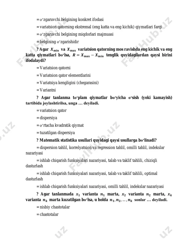 ing formulasi? = chastotaning empirik taqsimot funksiyasi = bosh to‘plamning empirik taqsimot funksiyasi = tanlanmaning tasodifiy taqsimot funksiyasi = tanlanmaning empirik taqsimot funksiyasi ? 𝑭𝒏 ∗ (𝒙) empirik taqsimot funksiyasi bo‘lsa, quyidagi munosabatlardan qaysi biri o‘rinli? = 𝐹𝑛 ∗(𝑥) > 1 = 𝐹𝑛 ∗(𝑥) 𝑥1 bo‘lsa = 𝐹𝑛 ∗(𝑥) = 0, agar 𝑥 > 𝑥𝑘 bo‘lsa = 𝐹𝑛 ∗(𝑥) = 1, agar 𝑥 ≤ 𝑥𝑘 bo‘lsa ? 𝑭𝒏 ∗ (𝒙) empirik taqsimot funksiyasi uchun agar 𝒙𝟏 – eng kichik varianta va 𝒙𝒌 – eng katta variant bo‘lsa, u holda quyidagi munosabatlar o‘rinli bo‘ladi? = 𝐹𝑛 ∗(𝑥) = 0, agar 𝑥 > 𝑥1 bo‘lsa = 𝐹𝑛 ∗(𝑥) = 1, agar 𝑥 > 𝑥𝑘 bo‘lsa = 𝐹𝑛 ∗(𝑥) = 0, agar 𝑥 > 𝑥𝑘 bo‘lsa = 𝐹𝑛 ∗(𝑥) = 1, agar 𝑥 ≤ 𝑥𝑘 bo‘lsa ? (𝒙𝟏, 𝒏𝟏), (𝒙𝟐, 𝒏𝟐) , . . . , (𝒙𝒌, 𝒏𝒌) nuqtalarni birlashtiruvchi siniq chiziqqa nima …