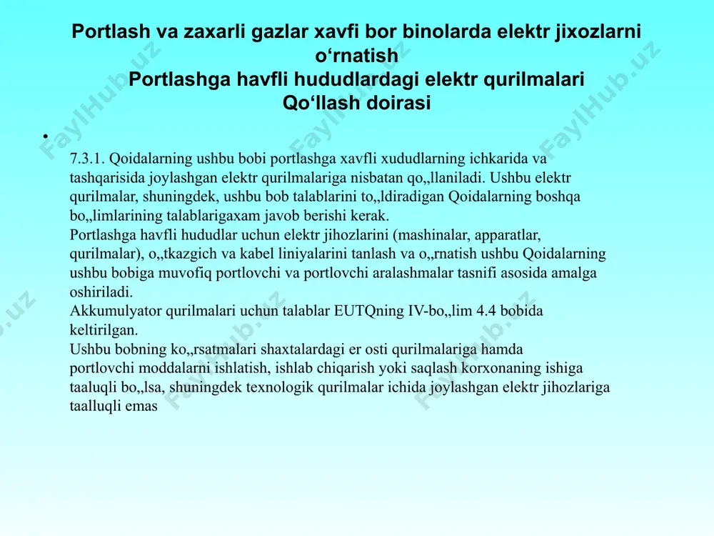 fli xisoblanadi. 7.3.18. portlashga xavfli aralashma - quyi kontsentratsiyasi chegarasi 65g/m3 dan ortiq bo„lmagan va ma‟lum bir kontsentratsiya xolatida portlash xususiyatiga ega bo„lgan yonib ketadigan gazlar, lvj bug„lari, yonadigan suyuqliklar, yonib ketadigan chang yoki tolalarning xavo bilan aralashmasi. yonadigan gazlar va lvj bug„larning kislorod yoki boshqa oksidlovchi vosita (masalan, xlor) bilan aralashmasi xam portlashga xavfli aralashma bo„lishi mumkin yonadigan gazlar va lvj bug„larning kontsentratsiyasi xavoning xajmiga nisbatan, chang va tolalar kontsentratsiyasi - har kub metr havo hajmiga grammda olinadi. 7.3.19. alangalanishning yuqori va pastki konsentratsiyasi - yonadigani gazlarning, lvj bug„larning, chang yoki tolaning havodagi maksimal va minimal kontsentratsiyasi bo„lib, undan yuqorida va pastda portlash sodir bo„lmaydi, hatto alanga manbai bo„lsa ham. 7.3.20. xonalar - har tomondan devor bilan o„ralgan (shu jumladan deraza va eshiklar bilan), qoplamali (shiftli) va polli joy. ayvon ostidagi bo„shliq va to„r yoki panjara bilan o„ralgan joy xona emas. 7.3.21. ochiq o„rnatish - ochiq havoda (tashqarida) ochiq …