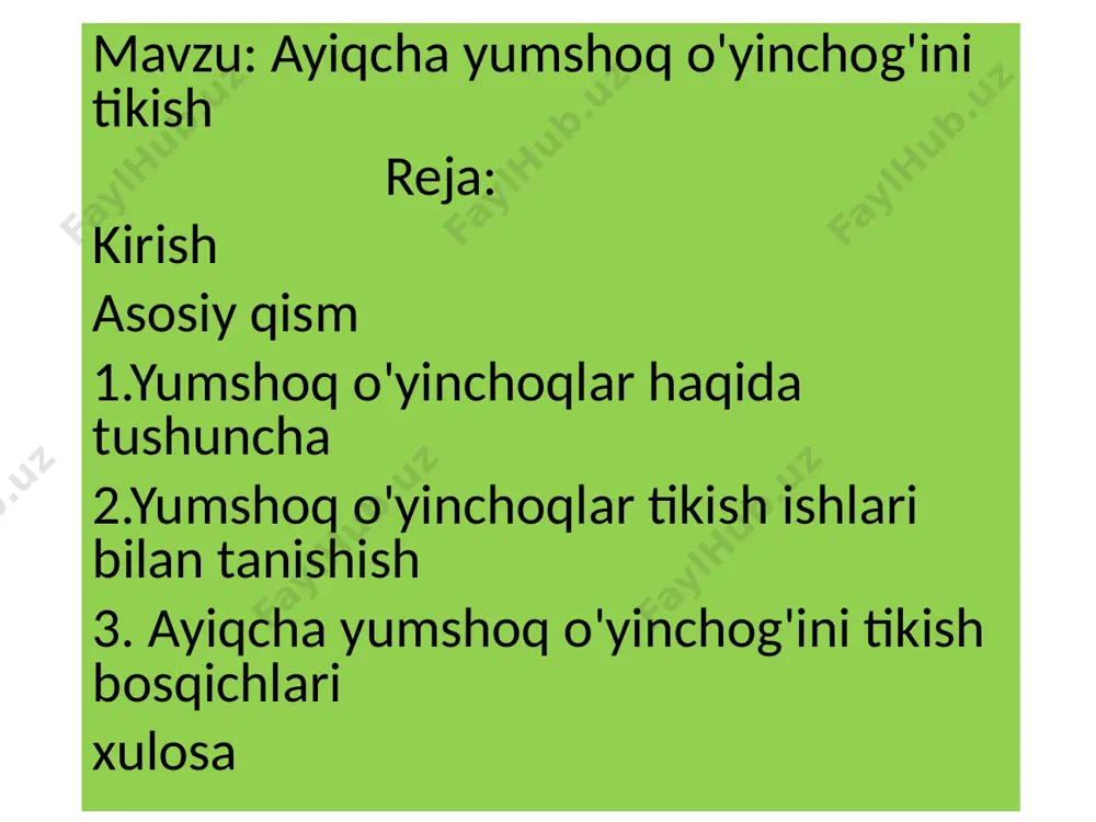 katta yoshdagi bolalarga ham qiziqadilar. kichik o'quvchilar o'yinchoqlarning eng oddiy turlari ,kattaroqlari qo'g'irchoq teatri qo'g'irchoqlarini turli holatdagi o'yyinchoqlarni tayyorlaydilar. 2.yumshoq o'yinchoqlar uchun iloji boricha yangi mato yoki avvaldan dazmollangan satin,barxat shtapil,paxmoq, chit,junli matolar zarur. hayvonlarni tayyorlash uchun tulki bumaziy, su'niy va tabiiy matolardan foydalaniladi. yumshoq o'yinchoq tikish izchilligi quydagicha bosqichlardan iborat: mato tanlash,g'ijim matoni dazmollash,matoga andoza chizish,qismlarni bichish,tikish,ichini to'ldirish,ustini jihozlash. ishni boshlashdan oldin quydagi ashyolar va asboblar tayyorlash kerak ignalarning katta kichiklari turli rangdagi iplar turli rangdagi ipakli iplar qaychi bigiz ombir dazmol angishvona qalam andoza kartondan tayyorlanadi bichishgamato ikki buklanadi,u chap tomoniga andoza qo'yib bichiladi,yaxshi ichi ochiladi,qalam tayyorlanayotgan bo'lsa,andozaandoza har bir bo'lak mato ustiga ipni yo'nalgan tomoniga qo'yiladi.toq mato bo'lsa andoza oq yoki sariq qalam bilan och rangli mato bo'lsa qora rangli qalamda tayyorlanadi. chizib olingan mato har tomondan 0,5 sm chok uchun qoldirilib,qirqib so'ng qo'lda yoki mashinada tikiladi. burchaklar o'ng tomonga chiqariladi.tayyor tikilgan forma metal tayoqcha yordamida o'tmas …