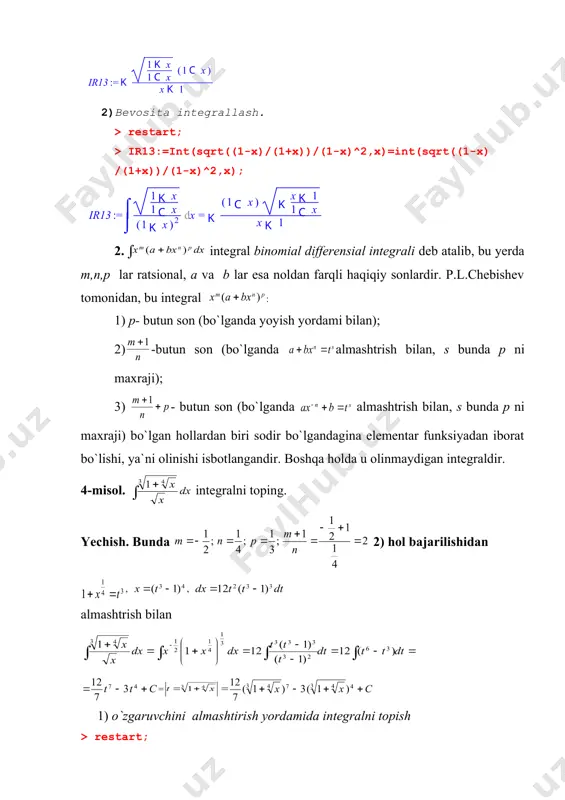 a, eylerning ikkinchi almashtirishni qilib, yuqoridagiga o`xshash ishlar bajarilsa, integral ratsionallashadi. 3) agar ildiz ostidagi kvadrat uchhad diskriminanti musbat bo`lsa, ya`ni u ikkita ildizga ega bo`lsa, eylerning uchinchi almashtirishni qo`llash mumkin, bu yerda ( kvadrat uchhad ildizlaridan biri. bu almashtirishda ham 1) banddagiga o`xshash ishlarni bajarib, integral ratsionallashtiriladi. 4) agar kvadrat uchhad diskriminanti nolga teng va a>0 bo`lsa, ildiz ostidagi ifoda to`la kvadratdan iborat bo`lib qoladi va irratsionallik o`z-o`zidan yo`qoladi, ya`ni bu holda integral ostida irratsionallik bo`lmaydi. 5) agar kvadrat uchhad diskriminanti musbat bo`lmay a int(exp(-x^2),x)=int(exp(-x^2),x); shape \* mergeformat > int(sin(x)/x,x)=int(sin(x)/x,x); shape \* mergeformat > int(cos(x)/x,x)=int(cos(x)/x,x); shape \* mergeformat > int(sin(x^2),x)=int(sin(x^2),x); shape \* mergeformat > int(cos(x^2),x)=int(cos(x^2),x); shape \* mergeformat integrallarni olsak, ular elementar funksiyalar orqali ifodalanmaydi. bu va ularga o`xshash integrallarni olinmaydigan integrallar deyish odat tusiga kirgan. shu sababli biz ham bunday integrallarni, an`anani saqlagan holda, olinmaydigan integrallar deb ataymiz. shuni ham aytish lozimki, olinmaydigan integral deganda integral mavjud emas …
