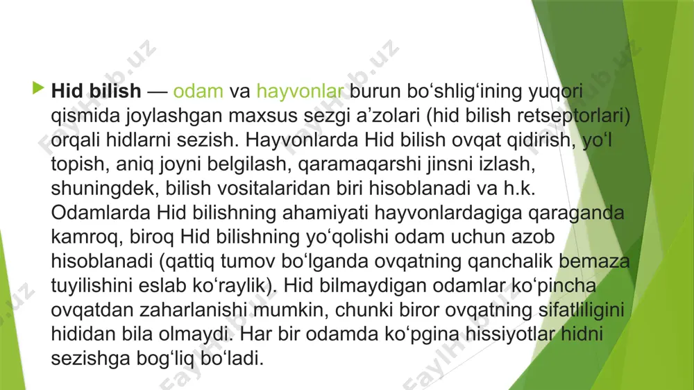 ʻlib qoladi. bir hidga boshqasi taʼsir qilgandan keyin hidlar aralashib, oʻzgacha hidga aylanishi natijasida odam hidga ortiqcha sezgir boʻlib qolishi mumkin. yosh oʻtishi bilan hid bilish ham susayadi. hid bilish ning buzilishi — hid bilmaslik (anosmiya), turli hidlarga sezuvchanlikning ortishi (giperosmiya), burun shilliq pardalari kasalliklari (tumov), bosh miya ayrim boʻlaklarining oʻsmasi va shikastlanishi baʼzi bir psixik kasalliklarda uch-raydi (bunday hollarda hid bilishga odatda hidlarni sezish gallyutsinatsiyasi qoʻshiladi). baʼzi homilador ayollarda ham hid bilmaslik holati kuzatiladi. hid bilish pasayganda yoki yoʻqolganda darhol vrachga murojaat qilish va saba-bini aniqlash zarur. image1.jpeg image2.jpeg