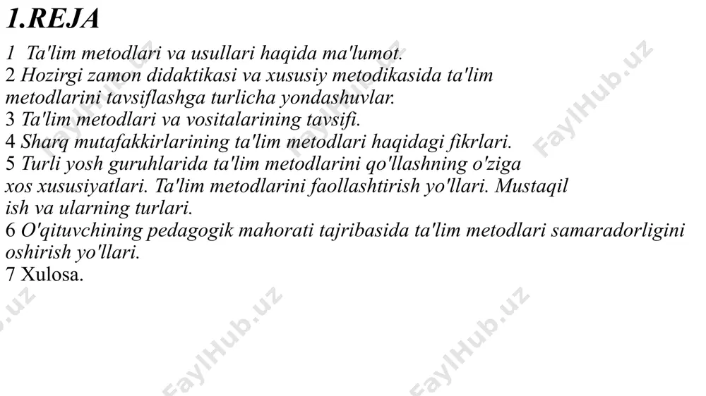bajarishlari kerakligini belgilab beradi. shuningdek, ta'lim metodi o'qituvchi va ta'lim oluvchilarning o'qish vazifalarini bajarishga qaratilgan nazariy va amaliy bilish faoliyati yolidir. 6.2. hozirgi zamon didaktikasi va xususiy metodikasida ta'lim metodlarini tavsiflashga turlicha yondashuvlar ta'lim metodlari tevarak-atrofdagi dunyoni bilishning umumiy qonuniyatlarini tushunishga bog'liqdir, ya'ni ular falsafiy metodologik asosga ega va ta'lim jarayonidagi qarama-qarshiliklarni, ta'lim jarayoniningmohiyatini vatamoyillarini to'g'ri anglash natijasidir. ta'lim materiali ta'lim mazmunida ifodalangan ilmiy fikr mantig'iga bog'liq. pedagogik qarashlarda nazariya qancha kam ifodalangan boisa, ta'lim metodlari bu nazariyaga shuncha kam bog'liq bo'ladi. pedagogika fani maktablar va ta'lim beruvchilarning ilg'or ish tajribalarini umumlashtiradi, an'anaviy ta'limning ilmiy asoslarini ko'rsatib beradi, o'qitishning zamonaviy, samarali metodlarini ijo-diy ravishda izlab topishga yordam beradi. это изображение, автор: неизвестный автор, лицензия: cc by shu sababli ham ta'lim metodlari oldiga quyidagi asosiy talablar qo'yiladi: 1. o'quv materialini o'rganish yo'li fikr yuritishning didaktik-materialistik usullarini, milliy mafkuraga hamda milliy qadriyatlarga asoslangan axloq, xulq-atvorning irodaviy sifatlarini shakllantirishga olib kelishi kerak. 2. …