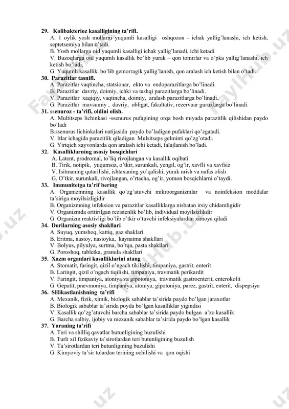 masi, gemotraks, plevritlar. 22. oshqozon oldi atoniyasi va gipotoniyasi a. oshqozon oldi bo’limlari xarakatining kamayishiga gipotoniya, to’xtab qolishiga atoniya deyiladi. b. qorin oldi bo’limlari xarakatining to’xtab qolishiga gipotoniya, kamayishiga atoniya deyiladi. v. xayvonlarning zaxarlanishiga gipotoniya, oziqlanishiga atoniya deyiladi. g. qorinning kattalashib xayvonlarning zaxarlanishiga atoniya va gipotoniya deyiladi. 23. osteodistrofiya ta’rifi a. suyakdagi kalsiy, fosfor tuzlarining kamayishidan suyak yemirilishi b. magniy, kalsiy tuzlarini qabul qilmasligidan suyak qiyshayib ketishi v. natriy-fosfor tuzlarini suyakning o’zida ushlab turolmasligi g. ratsionida tuz moddalarining yetishmasligidan suyakning yumshab ketishi 24. sterilizatsiya ta’rifi. a. fizik usullar bilan asbob-anjomlar, bog’lam, tikish materiallaridagi mikroblarni o’ldirish b. xirurgiyada ishlatiladigan kiyimlar va asbob-uskunalarni zararsiztirish v. avtoklavda ketgut, teri, mo’yna va rezinadan qilingan buyumlarni zararsizlantirish g. bog’lam materiallari, operatsiya qilinadigan joyni zararsizlantirish. 25. ekzemaning ta’rifi a. turli xil mexanik, fizik, kimyoviy, biologik tasirotlaridan teri epidermasining yallig’lanishi b. endogen sabablarning ta’siridan teri gipodermasining yallig’lanishi v. biologik, zoogigienik ekologik ta’sirotlardan teri qoplamining yallig’lanishi g. kimyoviy …