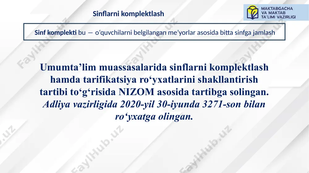b ta’limi bo‘linmalari va hududiy moliya organlariga 20-sentabrga qadar ko‘rib chiqish va tasdiqlash uchun yuboriladi. 6-bosqich hududiy xalq ta’limi bo‘linmalari va hududiy moliya organlari har yili 25-sentabrga qadar tarifikatsiya ro‘yxatini ko‘rib chiqadi va ularni tasdiqlaydi yoki tasdiqlashni rad etadi. tarifikatsiya ro‘yxatlarini shakllantirish me’yorlari dars soatlarini taqsimlash mezonlari xalqaro olimpiadalar g‘oliblarini tayyorlagan o‘qituvchilar o‘qituvchi bo‘lib faoliyat yuritayotgan xalqaro olimpiadalar g‘oliblari chet tili va steam fanlaridan mutaxassisligi bo‘yicha xalqaro sertifikatlarga ega o‘qituvchilar (tesol level 5, cefr b2, ielts 6 va undan yuqori, shuningdek, vazirlik tomonidan belgilanadigan boshqa sertifikatlar); top-1000 universitetlar reytingiga kiradigan dunyoning yetakchi universitetlarini bitirgan o‘qituvchilar asosiy olimpiadalarning respublika bosqichi g‘oliblarini tayyorlagan o‘qituvchilar o‘qituvchi bo‘lib faoliyat yuritayotgan asosiy olimpiadalarning respublika bosqichi g‘oliblari respublika bosqichidagi ko‘rik tanlovlarda (yil o‘qituvchisi) sovrinli o‘rinlarga ega bo‘lgan o‘qituvchilar oliy malaka toifasiga ega o‘qituvchilar birinchi malaka toifasiga ega o‘qituvchilar asosiy olimpiadalarning viloyat va tuman bosqichi g‘oliblarining o‘qituvchilari ikkinchi malaka toifaga ega o‘qituvchilar pedagogik yo‘nalish bo‘yicha magistr darajasiga …