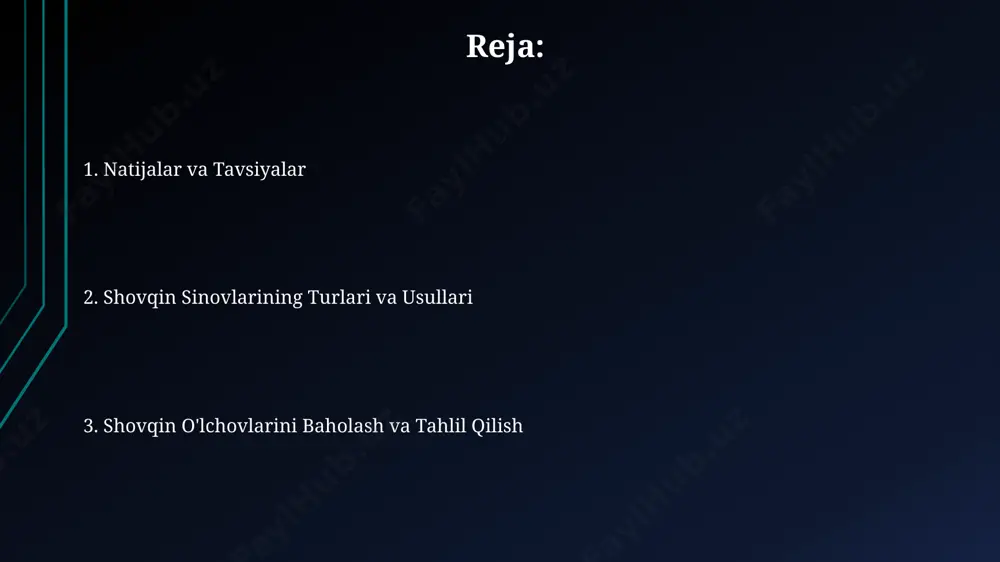 of-muhit shovqinining 15% ga kamayishiga olib keladi. shovqin manbalarini aniqlash тошкент шаҳридаги 2023 йилги ўлчовлар шуни кўрсатдики, йўл транспорт воситаларидан чиқаётган шовқин даражаси 85 дб дан ошган ҳудудларда, аҳолининг шикоятлари 30% га ошган. самарқанд вилоятидаги пахта терими пайтида 15 та трактордан чиқаётган шовқин даражасини ўлчаш натижасида, 9 та тракторда рухсат этилган 70 дб дан юқори шовқин аниқланган. me'yorlar va standartlar o'zbekiston respublikasining 2018 yildagi 21-sonli qaroriga asosan, samarqand viloyatida joylashgan korxonalar uchun shovqin darajasini o'lchashning maksimal ruxsat etilgan chegarasi 75 dba ni tashkil etadi. iso 1996-2 standartiga ko'ra, toshkent shahridagi korxonalarda o'tkazilgan shovqin sinovlari natijalari 85 dba dan oshmasligi kerak, aks holda 1000 so'm jarima qo'llaniladi. yakuniy xulosalar va tavsiyalar toshkent shahridagi 3 ta korxonada o'tkazilgan shovqin sinovlari natijalariga ko'ra, 85 db dan yuqori shovqin darajasi me'yordan oshib ketganligini aniqlandi, bu esa ishchilar salomatligiga salbiy ta'sir ko'rsatishi mumkin. andijon viloyatida joylashgan 5 ta korxonada o'tkazilgan tadqiqotlar shuni ko'rsatdiki, shovqin darajasini …