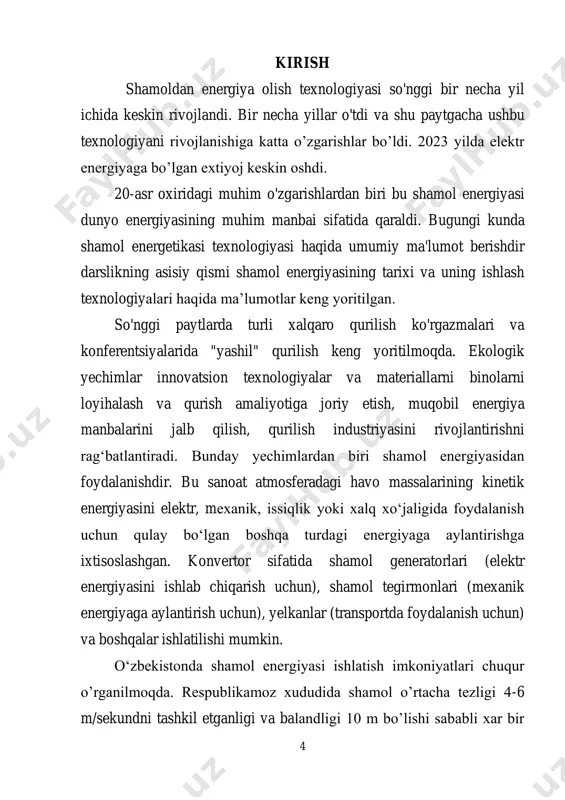 tr stansiyalar tarmog‘idan etkazib beriladigan elektr energiyasini almashtirish maqsadida. buning sabablari: bug‘xona gazlari chiqindilarini kamaytirish, elektr ta’minoti quvvati bo‘yicha cheklovlar; - elektr ta’minotidan olisda joylashgan tumanlarda dizel generatorlari va quyosh fotoelektr tizimlari bilan birgalikda foydalanish mumkin. elektr energiyasini ishlab chiqarish uchun dizel generatorlari bunga muqobil bo‘lishi mumkin. buning sabablari: energiya bilan qulay va ishonchli ta’minlash darajasini oshirish. o‘zbekiston respublikasi prezidentining qarori, 16.02.2023 yildagi pq-57-sondagi qaroriga binoan, umumiy quvvati 4 300 mvt bo‘lgan qayta tiklanuvchi energiya manbalarini, shu jumladan 2 100 mvt - yirik quyosh va shamol elektr stansiyalari, 1 200 mvt - ijtimoiy soha obyektlari, xo‘jalik subyektlarining bino va inshootlari hamda xonadonlarda o‘rnatiladigan quyosh panellari, 550 mvt - tadbirkorlar tomonidan barpo etiladigan kichik fotoelektr stansiyalarini ishga tushirish, shu jumladan qayta tiklanuvchi energiya manbalari 6 qurilmalarini o‘rnatish, iste’molchilarni muqobil energiyaga o‘tkazish va energiya tejamkor texnologiyalarni joriy qilish orqali 2023-yilda qo‘shimcha 5 milliard kilovatt-soat elektr energiyasi ishlab chiqarish va 4,8 milliard metr …