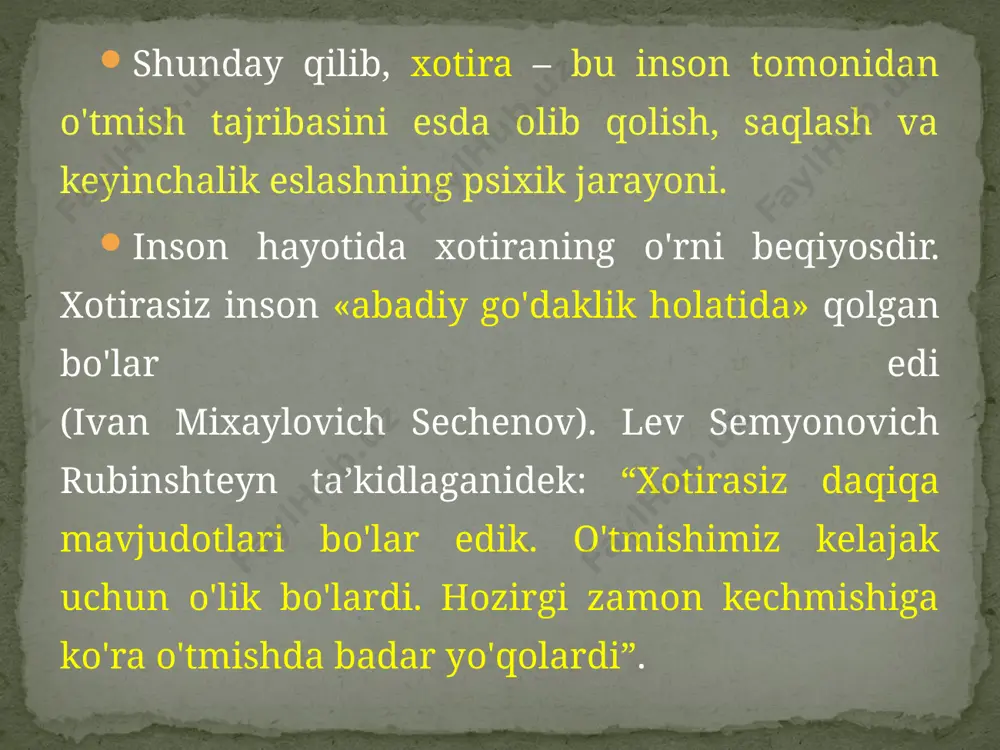 a – bu boshdan kechirilgan sezgi va emotsional holatga nisbatan xotira. hissiyotlar doimo ehtiyoj va qiziqishlarimizning qanday qoniqtirilayotgani, atrof-olam bilan munosabatlarimiz qanday amalga oshirilayotgani haqida xabar berib turadilar. obrazli xotira – bu tasavvurlar, tabiat va hayot manzaralari, shuningdek, ovoz, hid, ta’mlarga nisbatan bo'lgan xotira. u ko'rish, eshitish, tuyish, hid bilish va ta’m bilish bilan bog‘liq bo'ladi. ba’zan eydetik xotira – ba’zi individlarning(eydetiklar) avval idrok qilingan jism va sahnalar o'ta to'laqonli va obrazini esda saqlash va eslash qobiliyatiga ega bo'lgan odamlar uchrab turadi. eydetik obrazlar jismning mavjud emasligida yuzaga kelib, oddiy tasavvurga xos bo'lmagan izchil ko'rgazmalilik xususiyatiga ega bo'lishi bilan tasavvurlarga o'xshash bo'ladi. so'z-mantiqiy xotira fikrlar, tushunchalarni esda olib qolish, saqlash va eslashda ifodalanadi. so'z-mantiqiy (semantik, verbal) xotira yordamida inson aqliy qobiliyati axborot bazasi hosil bo'ladi, ko'pchilik fikrlash operatsiyalari (o'qish, hisob va h.k.) amalga oshiriladi. so'z-mantiqiy xotirada muhim o'rinni ikkinchi xabar tizimi egallaydi. uzoq muddatli xotira – materialni chegaralanmagan vaqt oralig‘ida …