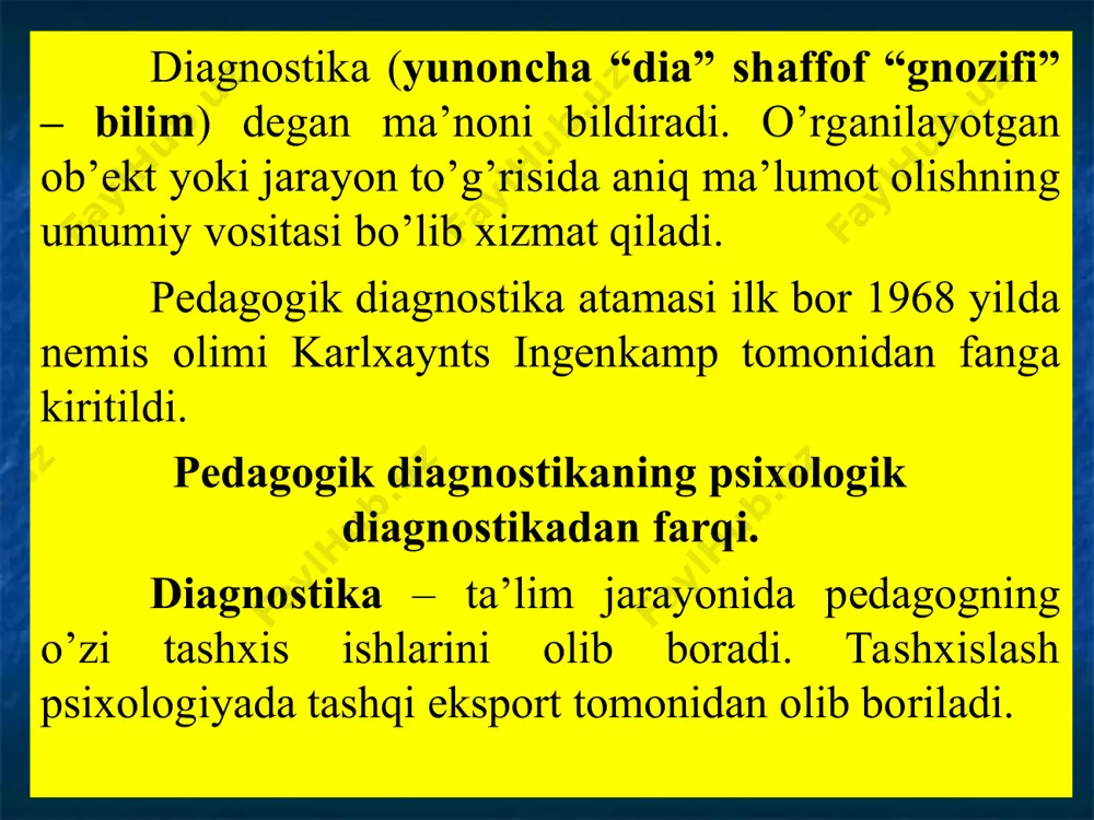 nish o‘qishdagi qiyinchiliklarni o‘rganish o‘quvchi (talaba)ning o‘zlashtirishini o‘rganish 1-rasm. pedagogik diagnostika mazmuni pedagogik diagnostika qiyinchiliklarni o‘quvchi (talaba) larga individual yondashish jarayonida bartaraf qila olish o‘quvchi (talaba) larda qiyinchilik tug‘diradigan sabablarni o‘z vaqtida aniqlash pedagogning o‘z ishi, faoliyati natijalarini tashkil qilishi 2-rasm. pedagogik diagnostika maqsadi pedagogik diagnostika ta’lim-tarbiya jarayonining samaradorligini oshirishda, ish mazmuni jarayonida olib boriladigan pedagogik faoliyatni tizimli tahlil qilishda katta ahamiyat kasb etadi. shu o‘rinda quyidagi savollar paydo bo‘ladi: bolaning qobiliyati, uning imkoniyati, egallagan bilimi va ko‘nikmalarining o‘lchovi bormi? bolaning bilimi hamda ko‘nikmalarini belgilashga o‘qituvchi aralashgani ma’qulmi yoki o‘ziga o‘zi baho bergani afzalroqmi? ana shunday savollarga eng maqbul darajada javob berish pedagogik diagnostikaning predmeti hisoblanadi. mazkur maqsadni amalga oshirish yo‘l-yo‘riqlari va metodik mexanizmlarini ishlab chiqish hamda ularni joriy qilish muhim vazifa hisoblanadi. shu maqsadda pedagogik diagnistika quyidagi vazifalarni bajaradi pedagogik diagnostika metodik mexanizmlarni ishlab chiqish maqsadni ro‘yobga chiqarish yo‘l-yo‘riqlari pedagogik diagnostikani ta’lim va tarbiya jarayoniga joriy qilish 3-rasm. pedagogik …