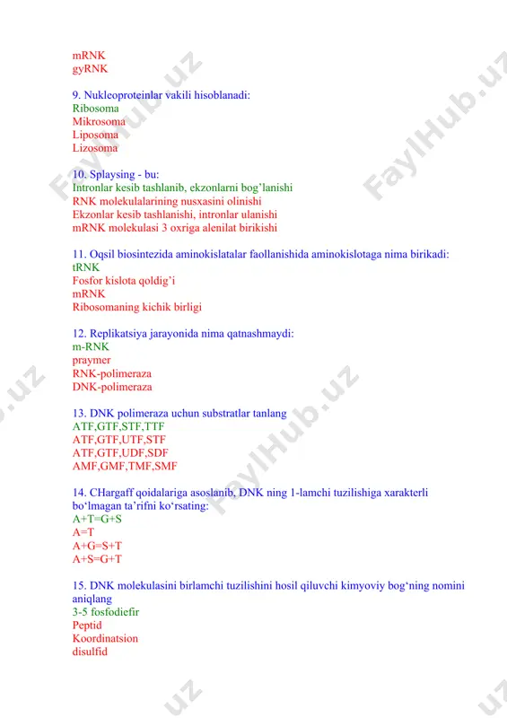 arning turi oqsil soniga teng 61xil molekula 64 xil molekula 20. transkriptonlarning polipeptid yoki rnk axborotini saqlovchi qismlari: ekzon qurilish geni operon intron 21. transkriptonning repressor oqsili birikadigan qismini ko‘rsating: operator promotor operon interon 22. o‘roqsimon hujayrali kamqonlikni kelib chiqish mexanizmi nimada? genda azotli asosni almashinishi nukleotidni gen tarkibidan tushib qolishi nukleotidni gen tarkibiga kirib qolishi ma’noli kodon o‘rniga yakunlovchi kodon almashinib qolishi 23. dnk sintezi uchun talab etilmaydi: rnkga bog‘liq dnk polimeraza dnkga bog‘liq dnk polimeraza dnkga bog‘liq rnk polimeraza praymaza 24. birlamchi transkript tarkibi: ekzon+intron faqat ekzon faqat intron operon 25. transkripsiyaga ta’rif bering dnk asosidagi rnk sintezi rnk asosidagi dnk sintezi dnk asosidagi oqsil sintezi rnk asosidagi oqsil sintezi 26. rnk etilishi jarayoni: protsessing splaysing translyasiya transkripsiya 27. dnk qo‘sh spirali bir uramida necha juft azotli asos joylashadi? 10 15 20 100 28. dnk sintezida ishlatilmaydi dutf datf dgtf dstf 29. rnk sintezida ishlatilmaydi ttf atf gtf …