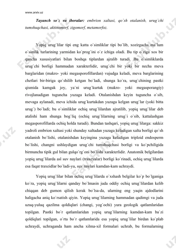 yopiq urug`lilarning hammadan qadimgi va juda uzuq-yuluq qazilma qoldiqlari (changi, yog`ochi) yura geologik qatlamlaridan topilgan. pastki bo`r qatlamlaridan yopiq urug`lilarning kamdan-kam ba`zi qoldiqlari topilgan, o`rta bo`r qatlamlarida esa yopiq urug`lilar birdan ko`plab uchraydi, uchraganda ham ancha xilma-xil formalari uchrab, bu formalarning hammasi hozir o`sadigan har xil oilalarga, hatto avlodlarga kiradi (magnoliyadoshlar, lavrlar, buklar, tollar, tutlar va boshqalar). o`simliklar sistematikasining quyi darajasida turgan har xil gruppalar — keytoniyalar, urug`li qirqquloqlar, bennetitlar, gnetumlar (jumladan, gnetum yoki efedra) yopiq urug`lilarning ajdodi bo`lgan deb gumon qilinar edi. keytoniyalarda tuguncha, tumshuqcha bor edi-yu, lekin ularda tuguncha yopiq urug`lilardagidan boshqacharoq bo`lardi; ularda bir nav gulga o`xshagan narsa ham bo`lmay, sporofillari oddiy tuzilgan edi, shunga ko`ra bu o`simliklar, chamasi evolyutsiyaning tumtoq bir shoxidir. bennetitlarda o`ziga xos ikki jinsli gullari bo`lgani bilan urug`chisi yo`q edi, ularning urug`lari megasporofillardan yuzaga kelgan meva ichida turmay, bepusht tangachalar orasida yashiringan edi, xolos. urug`li qirqquloqlarda gul bo`lmagan, urug`lar ham ochiq turgan. yopiq …