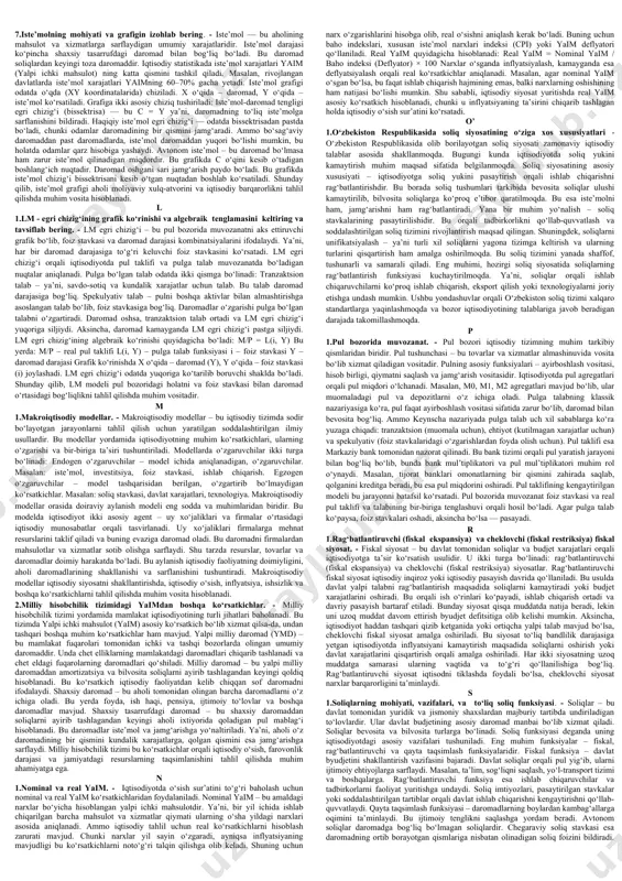 ning mohiyati, maqsadlari, vositalari. - byudjet-soliq siyosati (fiskal siyosat) — bu davlat tomonidan iqtisodiyotni tartibga solish uchun amalga oshiriladigan siyosatdir. bu siyosatning asosiy maqsadi iqtisodiy o‘sishni ta’minlash, inflyatsiyani nazorat qilish, ishsizlikni kamaytirish va davlat moliyasini muvozanatda saqlashdir. byudjet-soliq siyosatining maqsadlari quyidagilardan iborat: iqtisodiy barqarorlikni ta’minlash, ijtimoiy adolatga erishish, davlat daromadlarini to‘plash va ularni samarali sarflash. ushbu siyosatning asosiy vositalari – soliqlar va davlat xarajatlari hisoblanadi. soliqlar orqali davlat o‘z daromadini shakllantiradi, davlat xarajatlari orqali esa ijtimoiy sohalarga, infratuzilmaga yoki ishlab chiqarishga mablag‘ yo‘naltiriladi. fiskal siyosat ikki turga bo‘linadi: rag‘batlantiruvchi fiskal siyosat – bu iqtisodiy o‘sishni tezlashtirish uchun soliqlarni kamaytirish va davlat xarajatlarini oshirish siyosatidir. cheklovchi fiskal siyosat – bu inflyatsiyani nazorat qilish yoki byudjet taqchilligini kamaytirish uchun soliqlarni oshirish va xarajatlarni kamaytirishdir. demak, byudjet-soliq siyosati iqtisodiyotni boshqarishda muhim rol o‘ynaydi va uning yordamida davlat iqtisodiy barqarorlikni saqlaydi hamda aholi farovonligini oshirishga xizmat qiladi. d 1.davlat budjeti.- davlat byudjeti – bu …