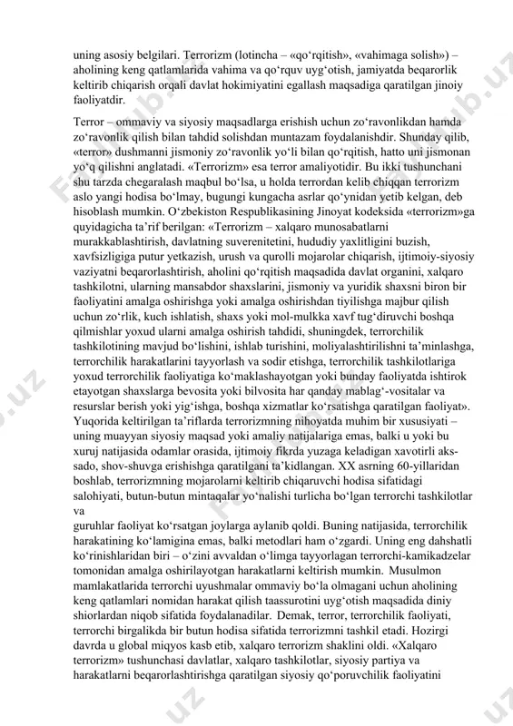 sh, aslida esa jamiyatda tartibsizlik va parokandalikni yuzaga keltirish uchun mablag‘ yig‘ish, asosiy tahdid manbai sifatida odamlar ongini egallash, jamiyatda beqarorlik keltirib chiqarish orqali hokimiyatga erishishdek ehtiyojlarini qondirish maqsadini ko‘zlaydi. hozirgi davrda ko‘plab ekstremistik uyushmalar va mutaassib harakatlar turli dinlar, shu jumladan, islom, xristianlik, yahudiylik dinlari ta’limotlaridan foydalanmoqdalar. aqidaparastlik (arab. – «aqida» – «ishonch», «biror narsani ikkinchisiga bog‘lash») muayyan sharoitda, biron-bir g‘oyaga qat’iy ishonib, uni mutlaqlashtirish asosida shakllangan qoida va tartiblarni sharoit, holat, vaziyatni hisobga olmagan holda, ko‘r-ko‘rona qo‘llash yoki shunga urinishni anglatadi. u muayyan qonun va qoidalar ta’sir doirasini sun’iy kengaytirishga urinishda yorqin namoyon bo‘ladi. mutaassiblik (arab. – «g‘uluv ketish», «chuqur ketish») o‘z fikr- mulohaza va dunyoqarashi to‘g‘riligiga o‘ta qattiq ishonib, boshqa diniy e’tiqodlarga murosasiz munosabatda bo‘lishni anglatadi. mutaassiblik barcha davrlarda turli din va yo‘nalishlar orasida keskin nizo va to‘qnashuvlar kelib chiqishiga sabab bo‘lgan. ayni paytda, dunyoviy va diniy bilimlarning sayozligi, sof diniy tushunchalarning asl mazmunini bilmaslik ham diniy …