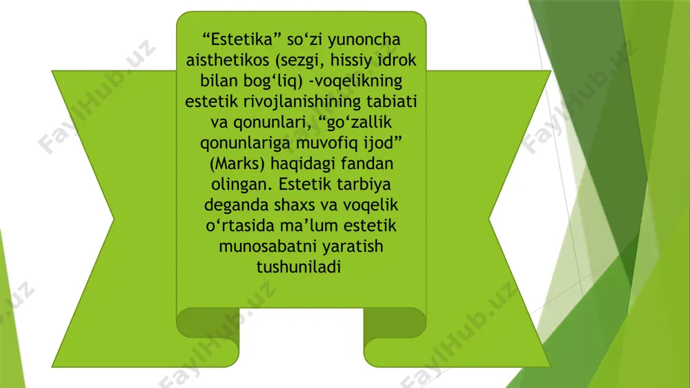 arb namunasi; - jismoniy tarbiya va sport mashg‘ulotlarida harakatlarning go‘zalligini ijodiy ifodalashni amaliyotda o‘rgatish. shuni ham unutmaslik kerakki, san’at jismoniy tarbiyaning ajralmas elementi hisoblanadi. musiqiy hamrohlik va harakatlarni bajarishning maxsus ritmi katta e’tibor talab qiladi. shuni ham unutmasligimiz kerakki, spektakl ajoyib bo‘lishi, tomoshabinlarda katta qiziqish uyg‘otishi va unutilmas taassurot qoldirishi uchun ma’lum bir sport tadbiri uchun sport anjomlari va liboslarining maxsus elementlarini tanlash kerak. bu tomoshabinlarga harakatlarning go‘zalligi va nafisligidan estetik zavq tuyg‘usini beradi va shu bilan ma’naviy boyitiladi va go‘zal ga tegish imkoniyatini oladi. demak, insonning estetik tarbiyasi jismoniy tarbiya va sport vositasida yuzaga keladi. nafislik, yengillik, silliqlik, nafislik, go‘zallik, harakatlarning nozikligi va aniqligi boshqalar orasida zavq va shavq keltirishi mumkin. ajoyib va rang-barang sport tomoshalarini ko‘rishdan odam ko‘rgan narsasidan juda ko‘p ijobiy his-tuyg‘ular va taassurotlarga ega bo‘lib, uning estetik ehtiyojlarini qondirishga olib keladi. jismoniy tarbiya va sport insonni “chiroyi”ni sevishga, ko‘rishga va his etishga o‘rgatadi, inson madaniyatining estetik …