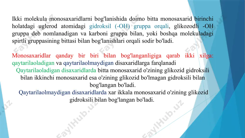 o'lib, ular hujayralarni o'rab turgan qattiq strukturalardir (karam va boshqa sabzavotlarning qarsillashini ta'minlaydi). selluloza barcha o'simliklarning hujayra qobiqlarini tashkil qiladi, uning nomi (,,selluloza"- hujayra) anashundan kelib chiqqan. selluloza selluloza ham kraxmal kabi tabiiy polimerdir. o'simliklar tanasi sellulozadan tarkib topgan.zichligi 1,4-1,55 ga teng, uning molekular massasi va polimerlanish darajasi o'simlikning o'sish sharoitiga va turiga qarab har xil qiymatga ega bo'ladi.selluloza kraxmal kabi o'simliklarda fotosintez reaksiyasi natijasida hosil bo'ladi: 6nco:+5nh₂o → (c6h10o5 )n +6no u organik erituvchilarda, suvda, ishqorning suvdagi eritmasida va suyultirilgan mineral kislotalarda erimaydi. mis (ii)gidroksidning ammiakdagi eritmasi (shveysar reaktivi [cu(nh3)4(oh)2] da, rux xloridning xlorid kislotadagi eritmasida, konsentrlangan sulfat kislotada eriydi. selluloza suyuqlanmaydi, 350°c ga yaqin temperaturada qizdirilganda parchalanadi, ko'mirga aylanadi. sellulozabilan kraxmal tarkibi jihatdan bir xil elementar zvenolarga, bir xil molekular formulaga (c6h10o5 )n ga ega, lekin ular o'z xossalari jihatdan bir-biridan farq qiladi. selluloza paxta tolasida 92-96%, daraxt tanasida 40-60% selluloza bo'ladi. zig'ir va kanop tolalari ham, asosan, …