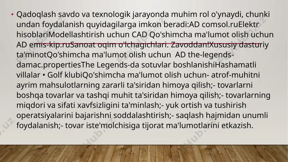 ning tanasi silindrsimon shaklga ega.maqsadga qarab, yog'och barrellar quruq va jele bo'linadi. ommaviy va xamirli mahsulotlarni qadoqlash uchun bochkalar bilan bir qatorda barabanlar ishlatiladi - silindrsimon korpusli, halqasiz, tekis pastki va qopqoqli yuk tashish konteyneri. ular kontrplak yoki yog'ochdan yasalgan va 200 kg gacha bo'lgan yuklarni saqlash va tashish uchun ishlatiladi.yog'och idishlarning navlaridan biri savatdir. ular novda va draperydir. ular rezavorlar, mevalar, sabzavotlar, shuningdek, baliq va boshqa oziq-ovqat mahsulotlarini yig'ish, saqlash va tashish uchun ishlatiladi. 7. ishlatilgan materialga qarab, idishlar va qadoqlash to'qimachilik, metall, shisha, keramika, polimer va kombinatsiyalangan bo'linadi. qadoqlash materiali mahsulotning fizik, kimyoviy, gigienik, biologik va boshqa xususiyatlaridan kelib chiqqan holda tanlanadi.yog'och qadoqlash muomalada eng ko'p taqsimotni oldi.qattiq, mexanik stressga dosh berishga qodir, u yuklarni tashish paytida yaxshi himoya qiladi. biroq, yog'och qadoqlash katta massaga ega. bu guruhga qutilar, bochkalar, savatlar kiradi.qutilar transport konteynerlari bo'lib, ularning tanasi to'rtburchaklar pastki, ikkita uchi va yon devorlari, qopqoqli yoki qopqoqsiz shakllanadi. …