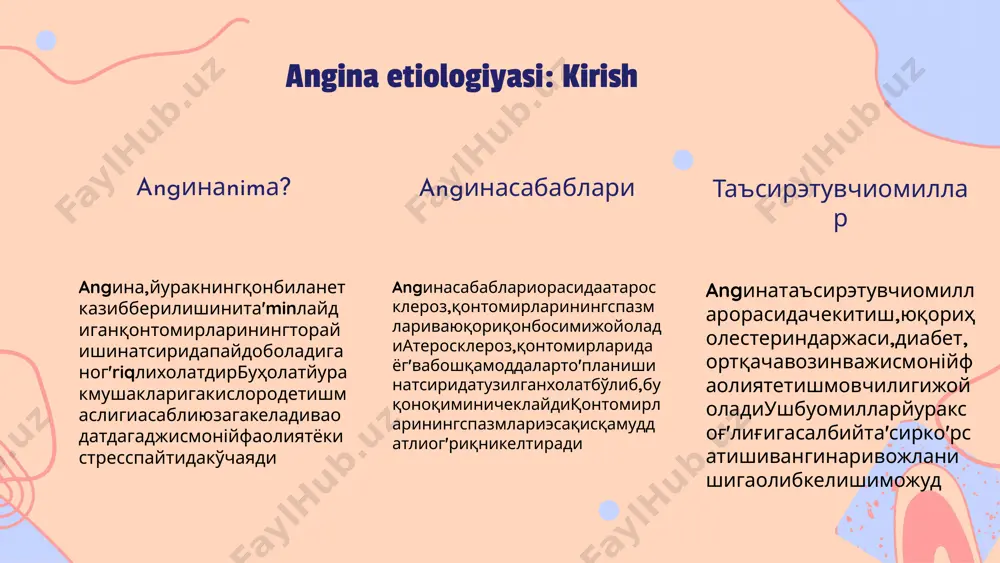 ning yetishmasligi, yurak mushaklarining energiya ishlab chiqarishini kamaytiradi va og'riqni kuchaytiradi. diagramma, bu jarayonni yanada aniqroq tushunishga yordam beradi. photo by kenny eliason on unsplash angina patogenezi: klinik ahamiyati anginaning klinik ahamiyati angina, yurak mushaklarida kislorod yetishmasligi natijasida paydo bo'ladigan og'riq holatidir. uning klinik ahamiyati shundaki, angina yurak kasalliklarining dastlabki belgisi bo'lib, bemorlarda yurak faoliyatining pasayishi va umumiy salomatlikning yomonlashuvi bilan bog'liq bo'lishi mumkin. anginaning ta'siri angina yurak faoliyatiga salbiy ta'sir ko'rsatadi, bu esa yurak urishlarining tezligi va kuchiga ta'sir qiladi. bunday holatlar bemorning umumiy salomatligini ham zaiflashtiradi, bu esa yurak yetishmovchiligi yoki boshqa yurak kasalliklarining rivojlanishiga olib kelishi mumkin. anginaning oldini olish va davolash uchun strategiyalar quyidagilardan iborat: sog'lom turmush tarzi, muntazam jismoniy faoliyat, stressni boshqarish va shifokor ko'rsatmalariga amal qilish. angina klinikasi: asosiy tushunchalar angina klinikasining belgilari angina - yurak mushaklarining kislorodga yetishmovchiligi natijasida yuzaga keladigan og'riqdir. asosiy belgilariga og'riq, qusish, terlash, va nafas qisqarishi kiradi. ushbu belgilar …