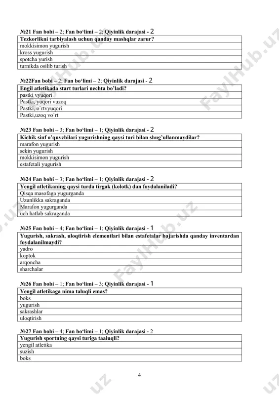 - 2 «dromos» nima? yugurish sakrash yurish uloqtirish uchun snaryad №36 fan bobi – 2; fan bo‘limi – 3; qiyinlik darajasi - 2 yugurishga qo’llar harakatining ta'siri bo’ladimi? ha birozgina qo’llar qarakati mustaqildir yo’q №37 fan bobi – 3; fan bo‘limi – 1; qiyinlik darajasi - 2 yengil atletika sport turining asosini nima tashkil qiladi? yugurish, sakrash, uloqtirish sakrash, kurash, yugurish suzish, yugurish, boks uloqtirish, yurish, boks №38 fan bobi – 3; fan bo‘limi – 1; qiyinlik darajasi -2 yengil atletika sportining vatani qaer? qadimgi gretsiya italiya afrika angliya №39 fan bobi – 4; fan bo‘limi – 1; qiyinlik darajasi - 2 192 m 27 sm masofaga yugurish nima deb ataladi? dromos diaulos dolixos №40fan bobi – 4; fan bo‘limi – 1; qiyinlik darajasi - 3 sakrashning qaysi turi «pentatlon» tarkibiga kiritilgan? yugurib kelib uzunlikka sakrash turgan joyidan balandlikka sakrash turgan joydan sakrash yugurib kelib balandlikka sakrash №41 fan bobi …