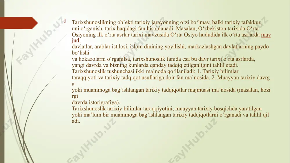 xalqlardan qolgan yodgorliklar“ va „hindiston“, abu bakr narshaxiyning „tarixi buxoro“, sharafuddin ali yazdiyning „zafarnoma“, boburning „boburnoma“, muhammad yusufbek bayoniyning „tarixi xorazm“, „shajarai xorazmshohiy“, ahmad donishning „buxoro amirlarining tarjimai hollari“ va boshqalarda muayyan maʼlumotlarni umumlashtirishga, fakt va tarixiy jarayonlar bayonida tahliliy yondashuvga boʻlgan harakatlar kuzatiladi. tarixshunoslik - tarix fanining tarixini oʻrganuvchi fan. u tarixiy bilimlar taraqqiyotini, muayyan tarixiy bosqichda yaratilgan ilmiy mahsulotlarni yoki maʼlum bir muammoga bagʻishlangan tarixiy tadqiqotlarni oʻrganadi va tahlil qiladi. nafaqat tarix, balki maxsus tarix fanlari (masalan: sharqshunoslik, etnologiya, arxeologiya va boshqalar) tarixi bilan ham shugʻullanadi. bu fanning asosiy vazifasi tarix fani rivojini chuqur va har tomonlama xolisona anglashdan, muayyan taraqqiyot davrida toʻplangan tarixiy bilimlarni tahliliy tadqiq etishdan, amalga oshirilgan ishlarning natijasini chiqarishdan hamda shu asosda tadqiq etilgan dolzarb muammolarni aniqlab, kelgusi tadqiqotlarning yoʻnalishlarini belgilashdan, tarixchilarni muayyan tarixiy-ilmiy muammo doirasidagi adabiyotlarga yoʻnaltirishdan iborat. tarixshunoslik oʻtmishda kechgan va bugungi kunda sodir boʻlayotgan voqea-hodisalarning odamlar ongida qanday aks etishini, tarixiy …
