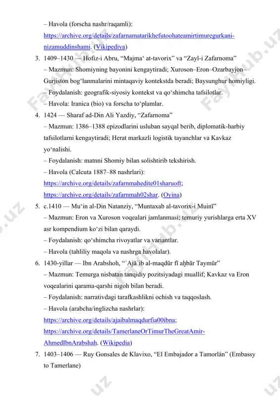 o‘rni; 1380-yillar harakatlari fonida shahar-mintaqa dinamikasi. – havola: iranica maqolalari. 5. 2024 — shivan mahendrarajah, “a history of herat: from chingiz khan to tamerlane” – yadro fikr: 1380-yillar jarayonlarining heratga ta’siri; kartlar davlati va mintaqaviy siyosat. – havola (pdf). 6. 2018 — oxford research encyclopedia: “tamerlane and the timurids” (c. melville va boshq.) – yadro fikr: kampaniyalar xaritasi, xronologiya va tematik sharh; 1386–1388 bosqichi uchun tezkor yo‘riqnoma. – havola. (wikipedia) 7. 1391–1395 bilan qiyoslash — tokhtamish–temur urushi bo‘yicha tadqiqotlar – maqsad: 3 yillik (1386–88) va dashti qipchoq yo‘nalishlari (1391–95) o‘rtasidagi strategik bog‘liqlikni ajratish; shimoliy frontdagi bosimning kavkaz-eron operatsiyalariga ta’siri. – havola: britannica va tematik sahifalar. (encyclopedia britannica) 8. unesco silk roads: “herat” sahifasi – yadro fikr: shahar (keyingi markaz) va yurishlar oqibatlari haqida qisqa ishora; manbani tez tekshirish uchun. – havola. 9. archnet: “qalʿa-i iktyoruddin (herat qal’asi)” – yadro fikr: harbiy-me’moriy kontekst; yurishlar davrida vayron etish va qayta qurish izlari. …
