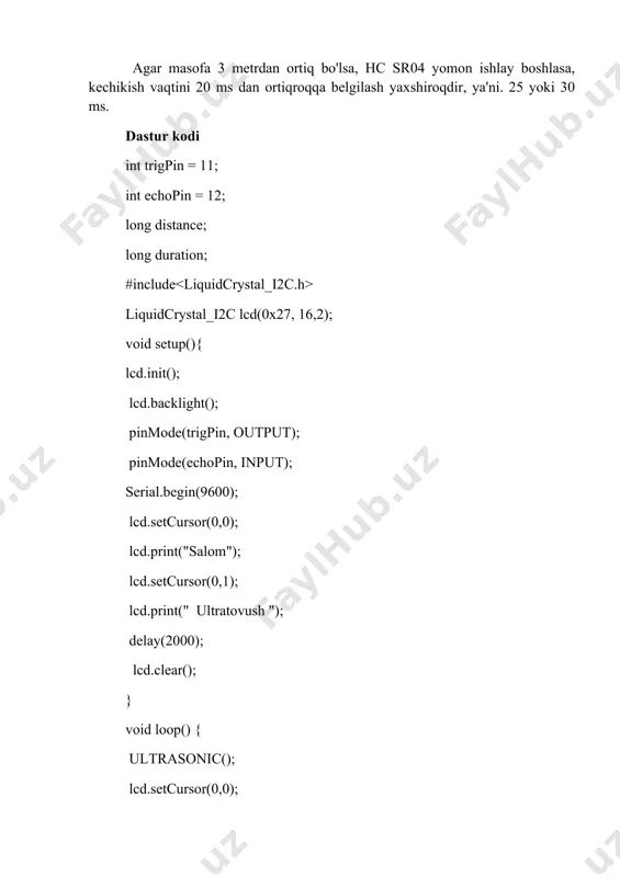 ik lari ko'p qirrali va ko'plab sevimli mashg'ulotlariga mo'ljallangan loyihalarda foydalanish uchun etarlicha aniqdir. maqolada juda mashhur hc sr04 datchik i muhokama qilinadi, u arduino platasiga osongina ulanadi (buning uchun ikkita bepul pinni darhol ta'minlash kerak, ammo bitta pin bilan ulanish imkoniyati ham mavjud). datchik bilan ishlash uchun bir nechta bepul kutubxonalar mavjud (ulardan faqat bittasi, newping, maqolada ko'rib chiqiladi), lekin siz ularsiz qilishingiz mumkin - datchik ning ichki boshqaruvchisi bilan o'zaro ishlash algoritmi juda oddiy, biz buni ko'rsatdik. nazorat savollari 1. ultratavush masofa datchikini arduino platasiga ulanish sxemasi tushuntirib bering. 2. trig va echo pinlar vazifasini tushuntirib bering 3. hc-sr04 afzalligi va kamchiliklari haqida tushuntirb bering image1.png