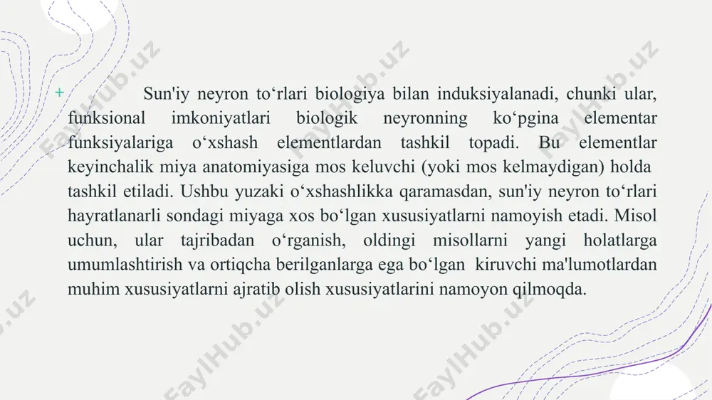 i; ▪ umumlashtirish qobiliyati; ▪ shovqin befarqligi, bu noaniq ma'lumotlar va o'lchash xatolaridan aniq xulosalar chiqarish qobiliyati sifatida tushuniladi biologik neyronning xatti-harakatlarini juda sodda tarzda imitatsiya qiluvchi sintetik (sun'iy) neyron g'oyasi birinchi marta 1943 yilda taqdim etilgan. sun'iy neyronning ushbu kontseptsiyasida (2-rasm), bir qator kirishlar har birining vazni bilan ko'paytiriladi. ko’paytmasi b faollashtirish uchun neyronning chegara qiymati bilan taqqoslanadi va shuning uchun neyron faollashtirilgan yoki faol faollashtirilmaganli aniqlanadi. agar u faollashtirilsa, natijada chiqadi. biologik neyron (a-rasm) va sun'iy (b-rasm) o'rtasida aniq o'xshashlik mavjud. biologik neyron intensivligi va sinaptik quvvati vaznining turli signallarini oladi va b faollashuvi uchun chegara qiymatiga ega (a-rasm). sun'iy neyronda tugunlar orasidagi bog'lanishlar akson va dendritlarni taqlid qiladi, ulanish vaznlari 4 sinapslarni simulyatsiya qiladi va faollashtirish uchun chegara qiymati xuddi shunday operatsiyaga ega (b-rasm). sun'iy neyron – biologik neyronning ba'zi funksiyalarini bajaruvchi snt elementi bo‘lib, uning asosiy vazifasi kirish signallariga bog‘liq holda chiqish signalini shakllantirishdan iborat. nisbatan …