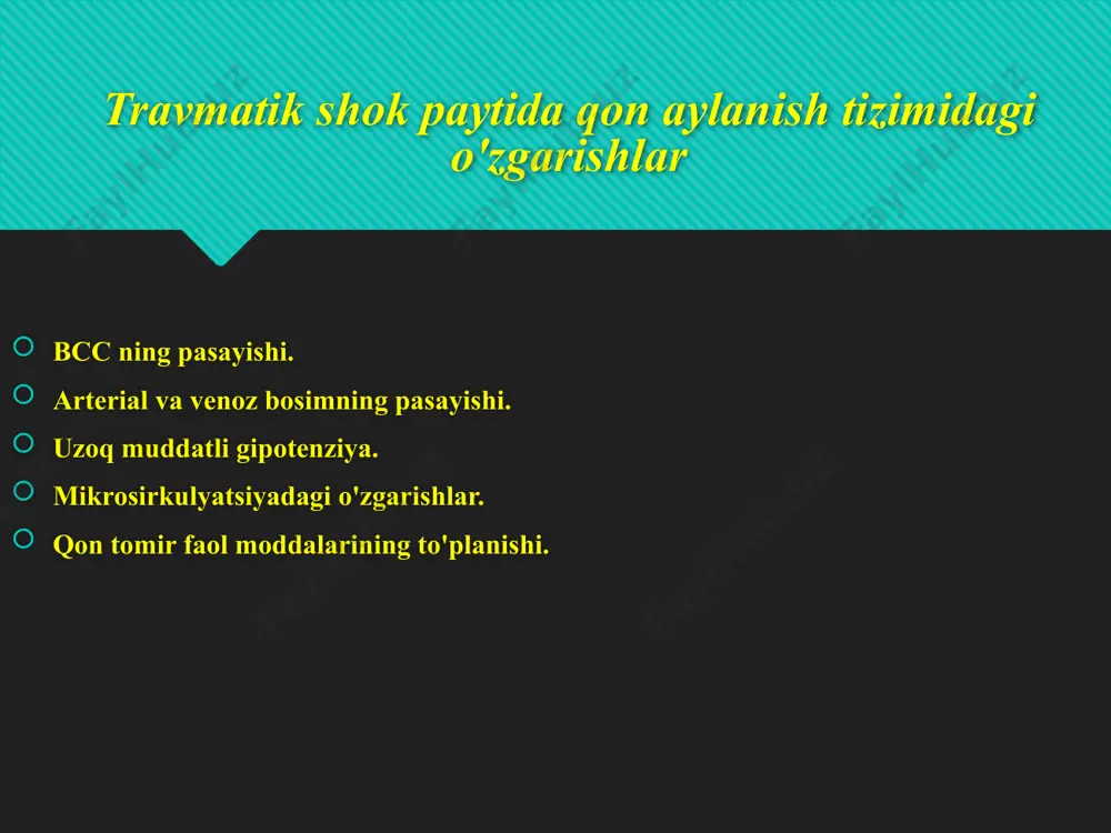 iqilish sindromi 1. engil daraja - bir a'zoning yoki uning bir qismini 4 soatdan kamroq vaqt davomida siqish 2. o'rtacha zo'ravonlik - 1 oyoq-qo'lning 6 soatgacha bo'lgan siqilishi 3. og'ir - bir oyoq-qo'lning 6 soatdan ortiq yoki 2 a'zoning 6 soatgacha siqilishi 4. o'ta og'ir - 2 oyoq-qo'lning 6 soatdan ortiq siqilishi xulosa: 1. har qanday etiologiyaning travmatik shoki urush davrida o'limning asosiy sababidir. 2. birinchi va malakali tibbiy yordam ko'rsatish bosqichida travmatik shok va cho'zilgan ezilish sindromini o'z vaqtida tashxislash va davolash jarohatlarda o'limni kamaytirishning asosiy omillari hisoblanadi. e’tiboringiz uchun rahmat! /docprops/thumbnail.jpeg