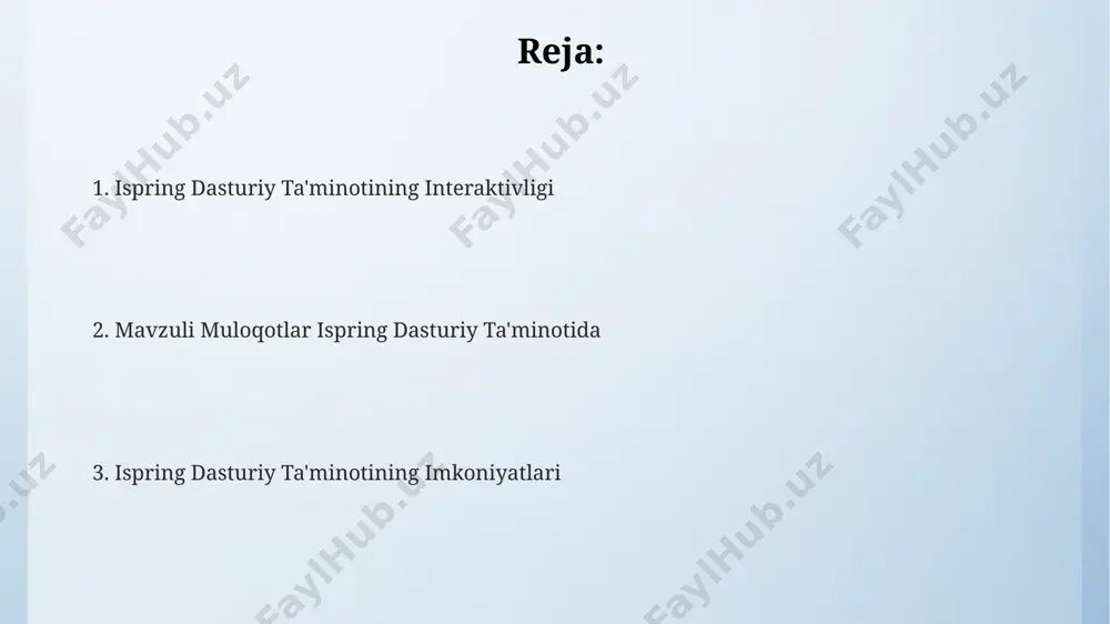 boʻlib, ular milliy madaniy an'analarni hisobga oladi. ispring dasturiy ta'minoti nima? ushbu dastur, turli xil interfaol elementlar, jumladan, viktorinalar, testlar va 3d-modellardan foydalanish imkoniyatini berib, o'quvchilarning faol ishtirokini ta'minlaydi va 2023 yildan beri dunyo bo'ylab keng qo'llanilmoqda. ispring dasturiy ta'minoti, 200 dan ortiq mamlakatdagi 10000 dan ziyod ta'lim muassasalarida, o'quv jarayonlarini interaktiv va jozibador qilish uchun qo'llaniladigan, elektron o'quv materiallari yaratish vositasidir. ispring, onlayn kurslar yaratish, interfaol taqdimotlar tayyorlash va video-darslarni loyihalashda foydalaniladigan, jumladan, aqsh va buyuk britaniyadagi ko'plab universitet va kollejlar tomonidan qo'llaniladigan, zamonaviy dasturiy ta'minotdir. ispringning boshqa dasturlar bilan integratsiyasi ispring learn, 300 dan ziyod turli xil o'quv resurslarini yaratish imkonini berib, jahon bo'ylab 200.000 dan ortiq foydalanuvchilar tomonidan xalqaro miqyosda qo'llaniladi. ispring suite, 10 dan ortiq turli xil fayl formatlarini qo'llab-quvvatlab, microsoft office dasturlari, jumladan powerpoint va word bilan mukammal integratsiyalashadi. ispring quizmaker, 5 ta turli savol turidan foydalanib, onlayn va oflayn rejimlarda testlar yaratish imkonini berib, …